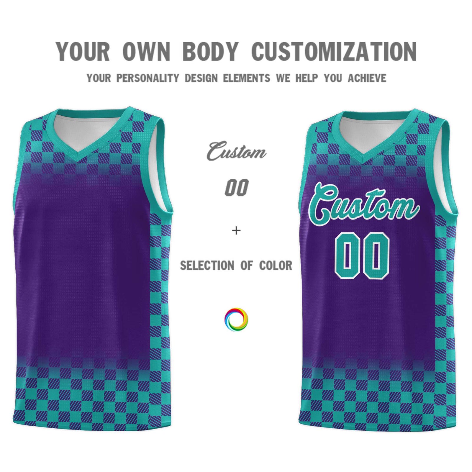 Custom Purple Aqua Classic Plaid Pattern Sports Uniform Basketball Jersey