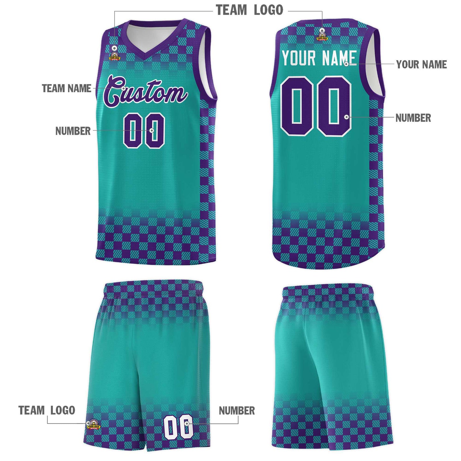 Custom Aqua Purple Classic Plaid Pattern Sports Uniform Basketball Jersey