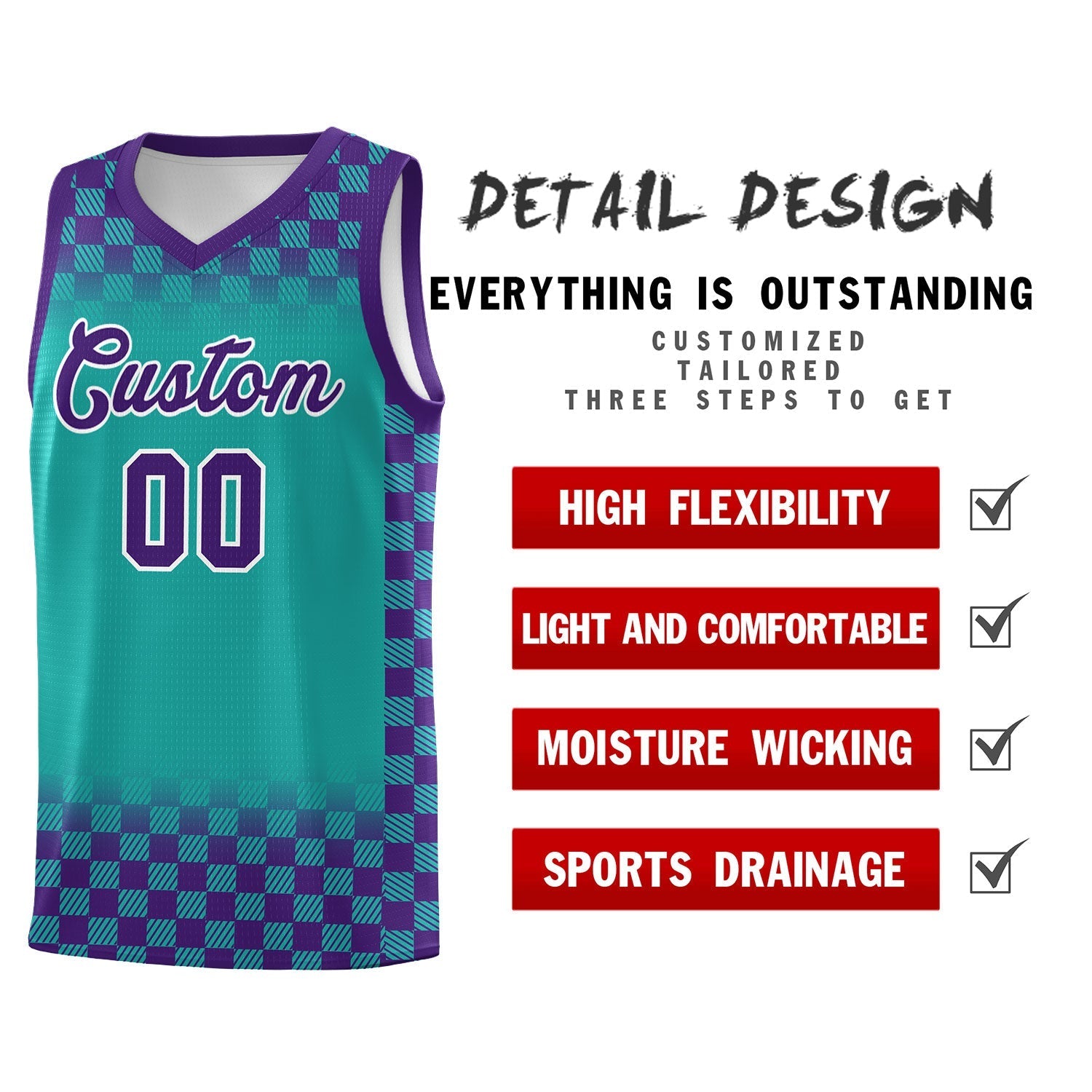 Custom Aqua Purple Classic Plaid Pattern Sports Uniform Basketball Jersey