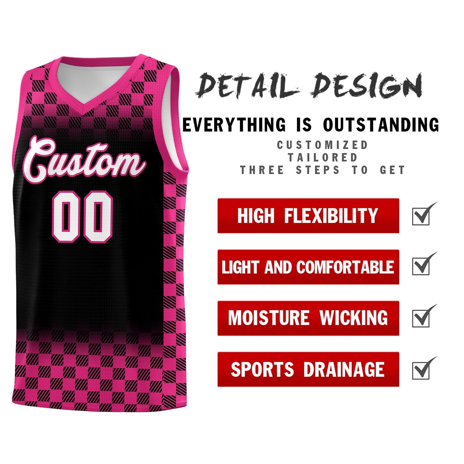 Custom Black Pink Classic Plaid Pattern Sports Uniform Basketball Jersey