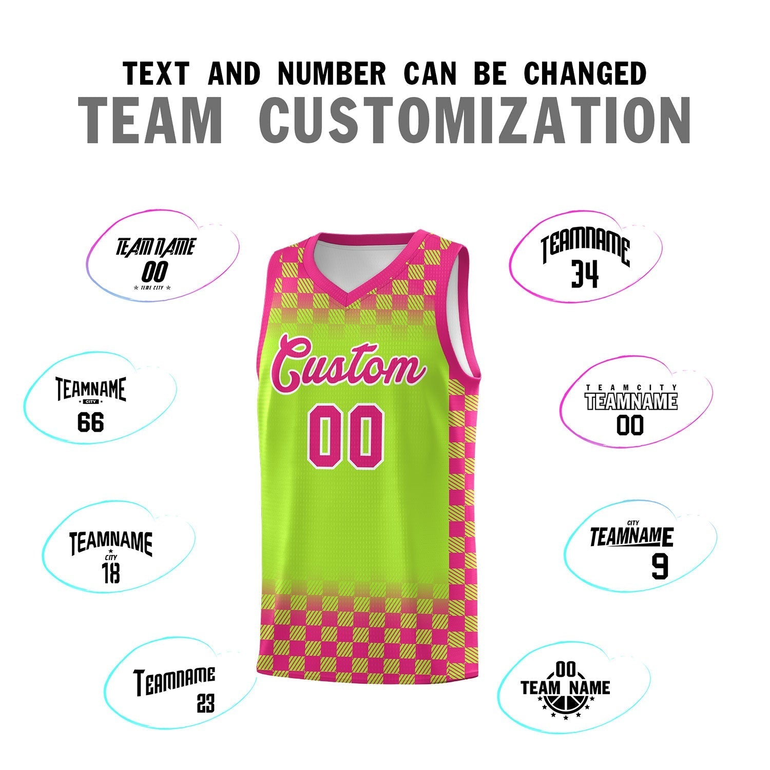 Custom Neon Green Pink Classic Plaid Pattern Sports Uniform Basketball Jersey