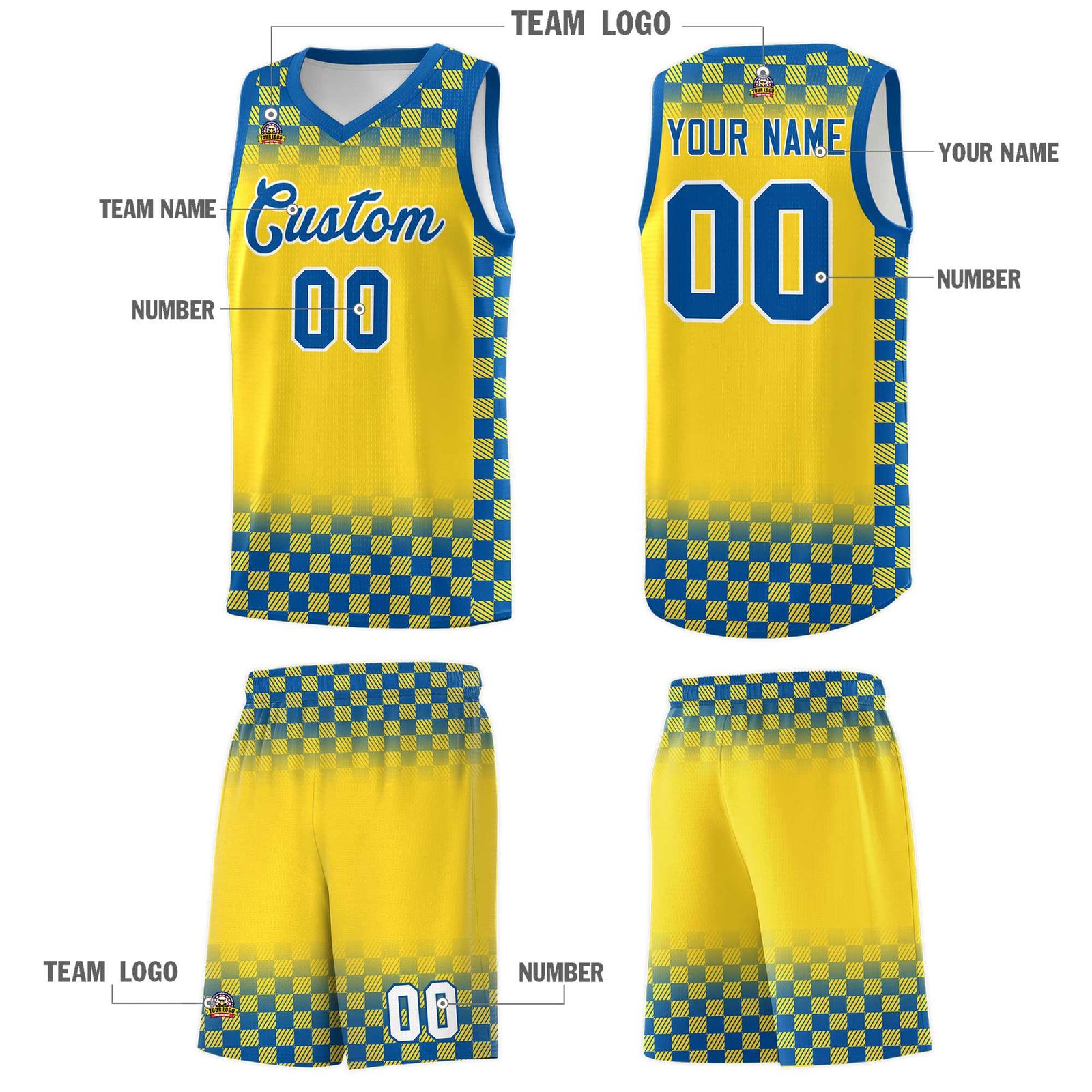 Custom Gold Royal Classic Plaid Pattern Sports Uniform Basketball Jersey