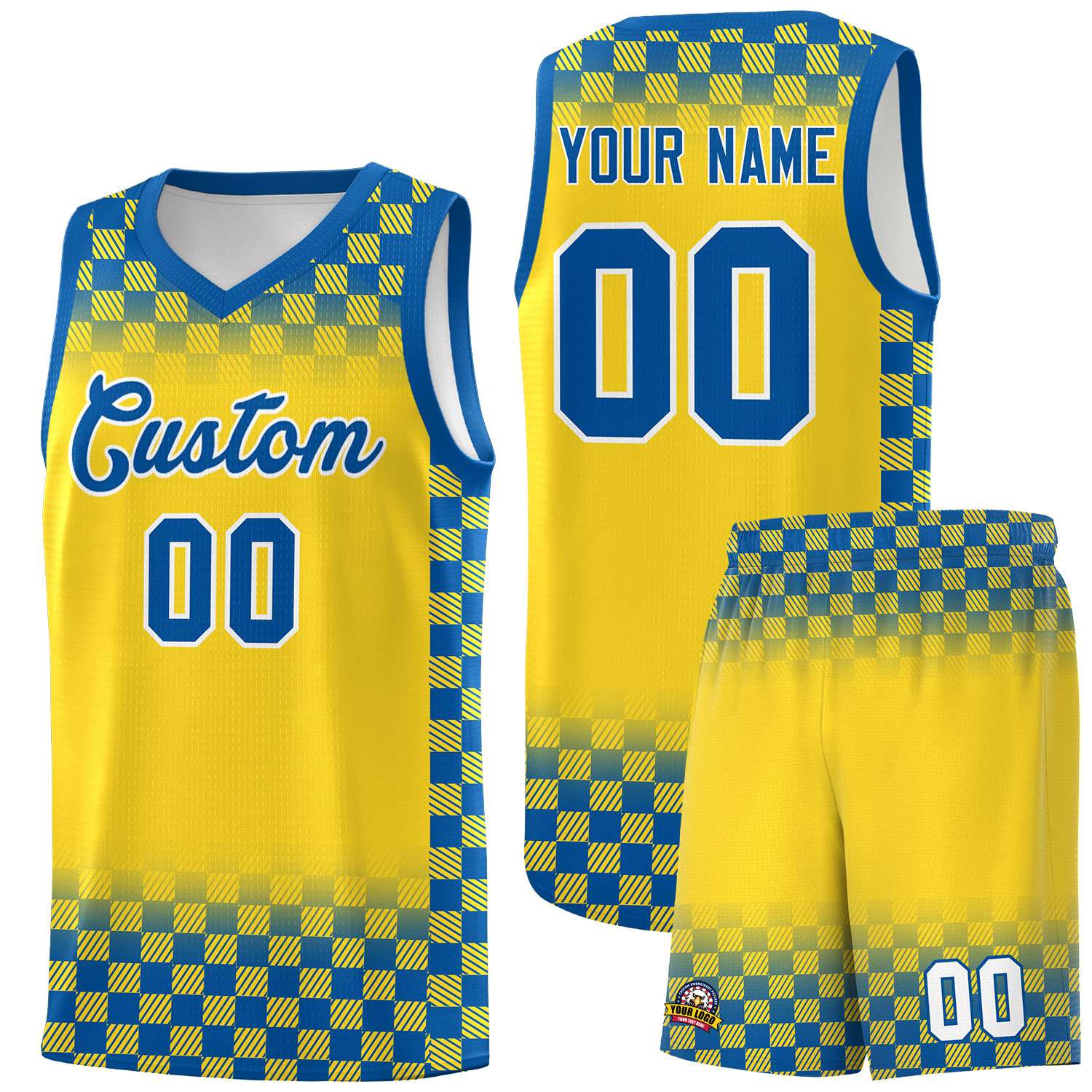 Custom Gold Royal Classic Plaid Pattern Sports Uniform Basketball Jersey