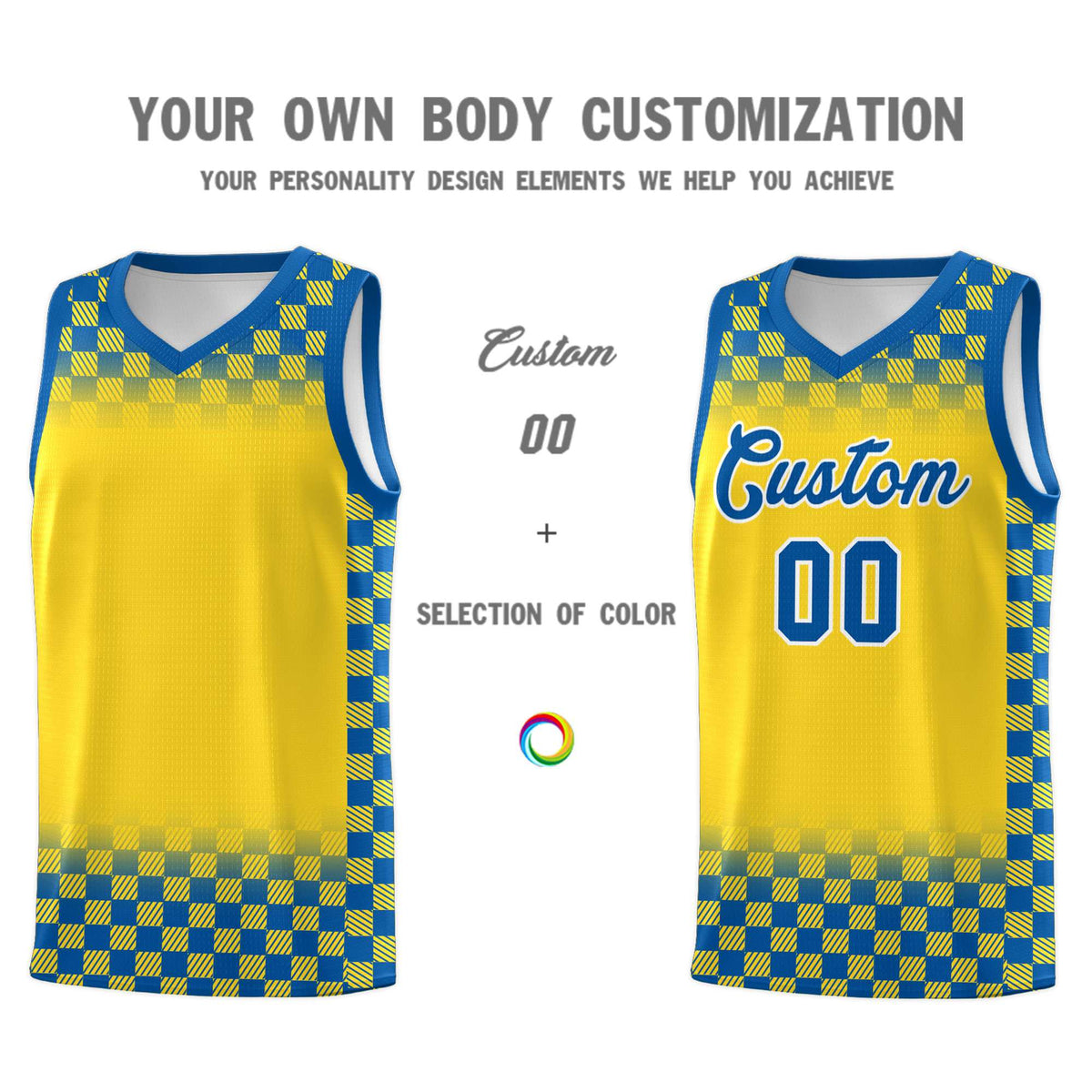 Custom Gold Royal Classic Plaid Pattern Sports Uniform Basketball Jersey