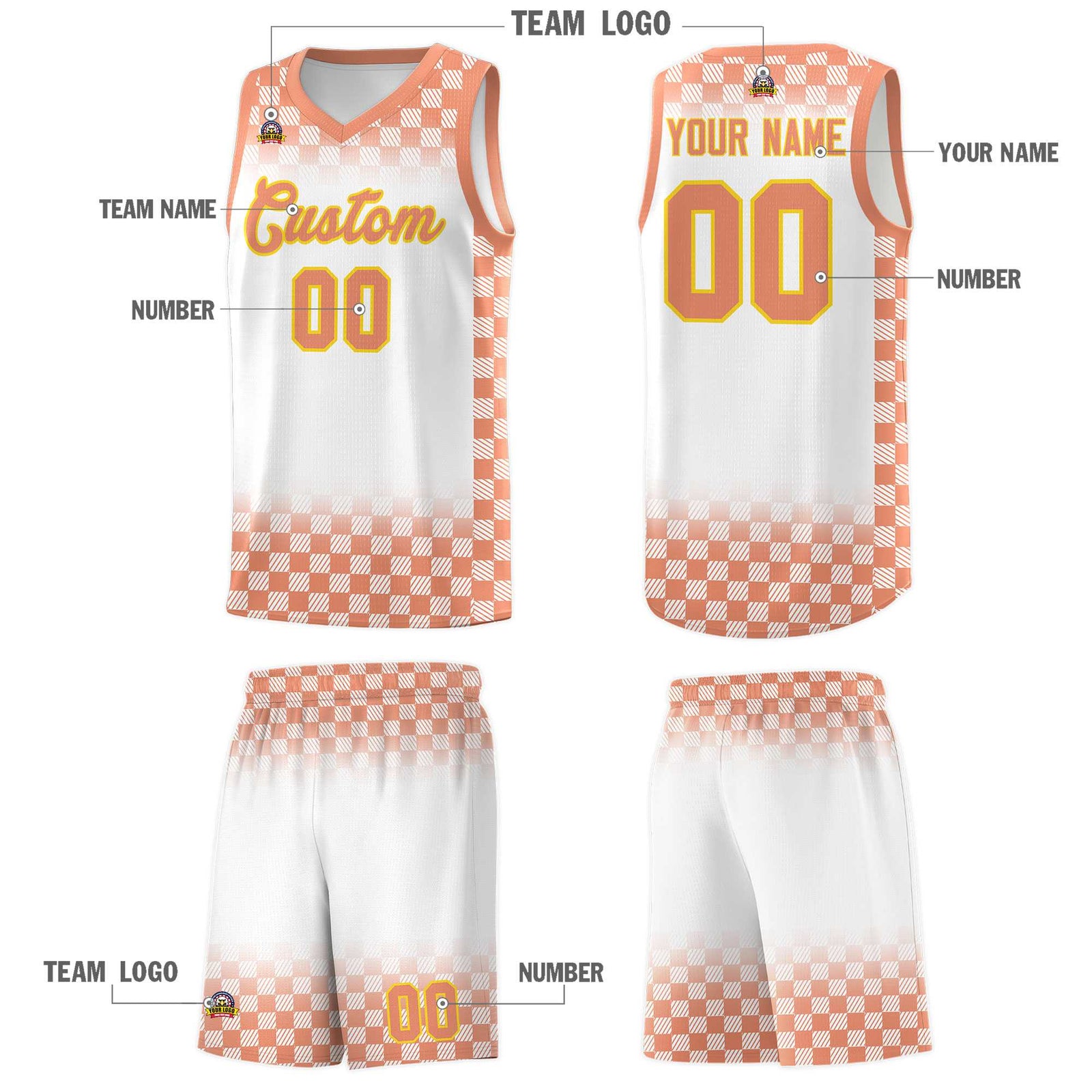 Custom White Light Orange Classic Plaid Pattern Sports Uniform Basketball Jersey