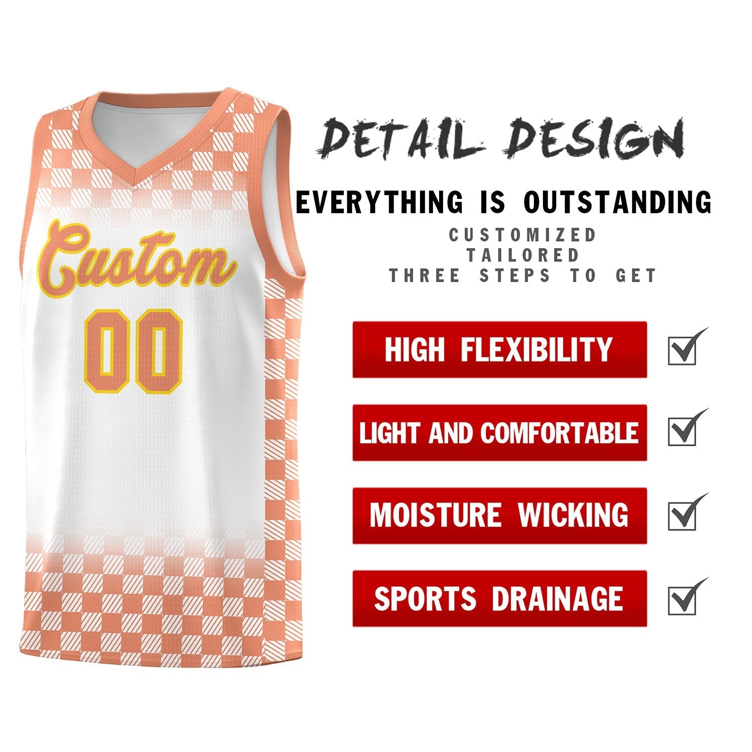 Custom White Light Orange Classic Plaid Pattern Sports Uniform Basketball Jersey