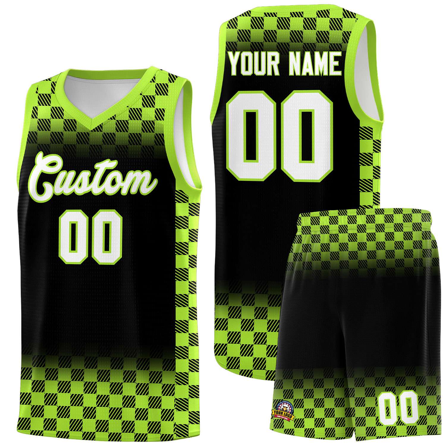 Custom Black Neon Green Classic Plaid Pattern Sports Uniform Basketball Jersey