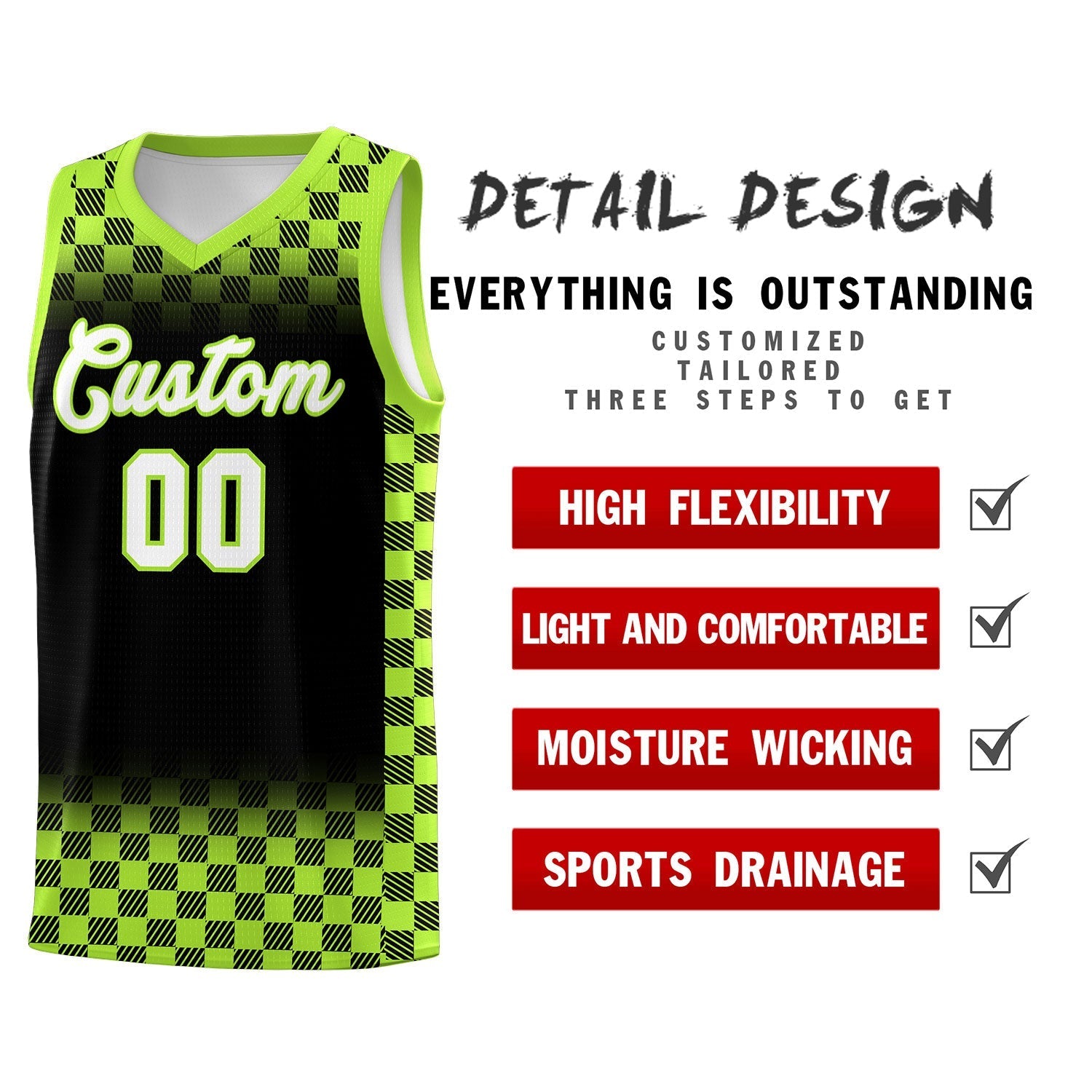 Custom Black Neon Green Classic Plaid Pattern Sports Uniform Basketball Jersey