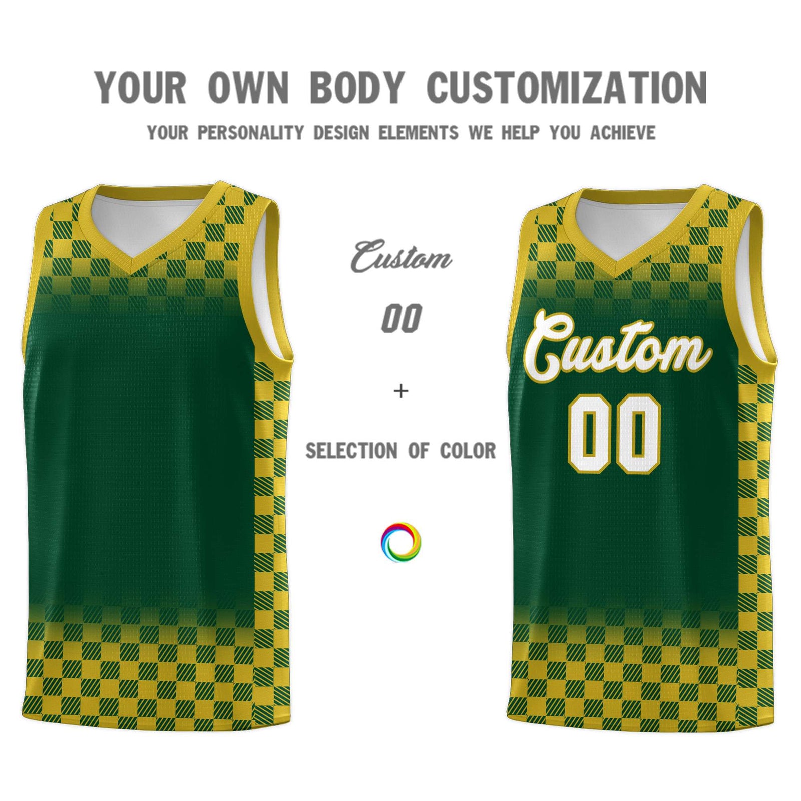 Custom Green Old Gold Classic Plaid Pattern Sports Uniform Basketball Jersey