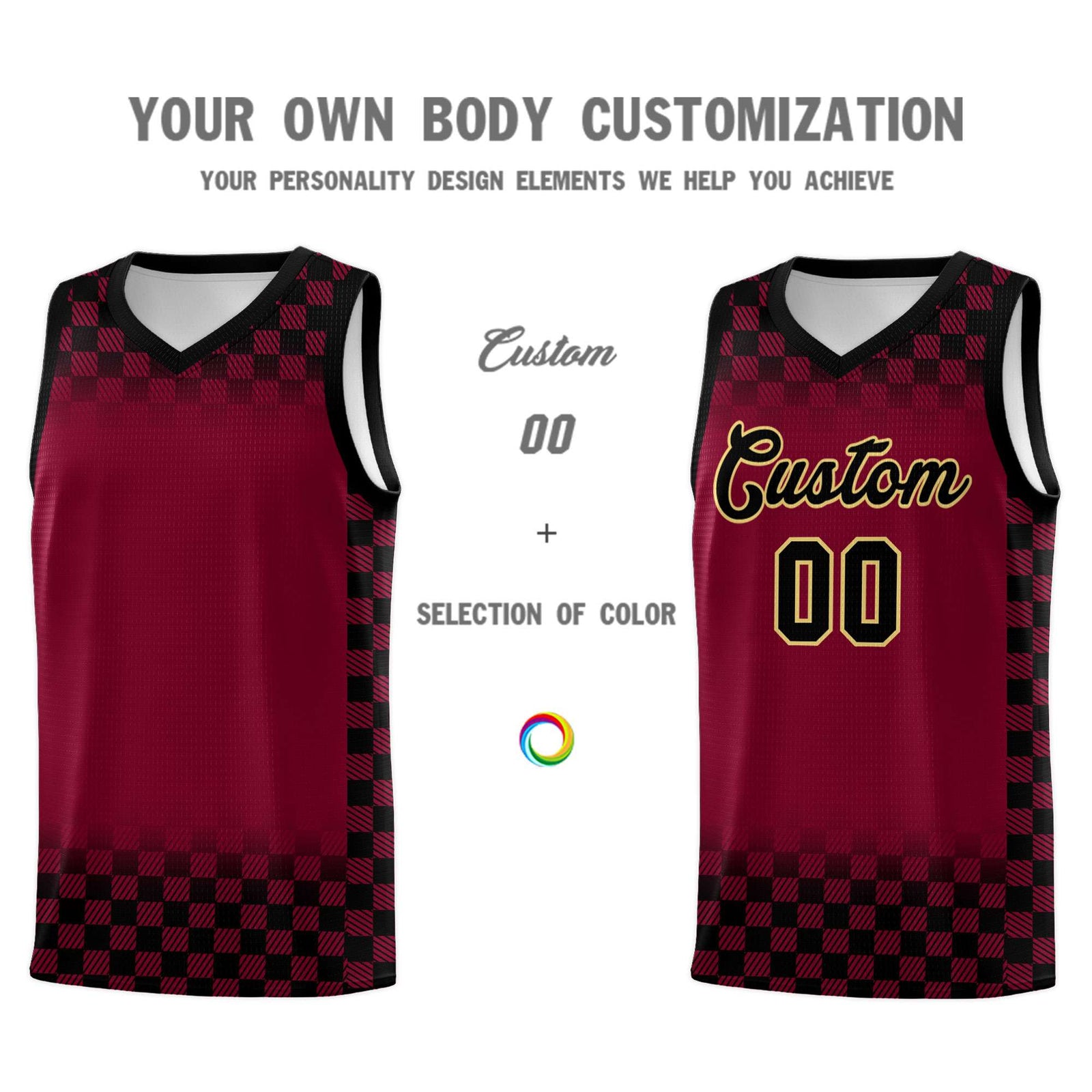 Custom Crimson Black Classic Plaid Pattern Sports Uniform Basketball Jersey