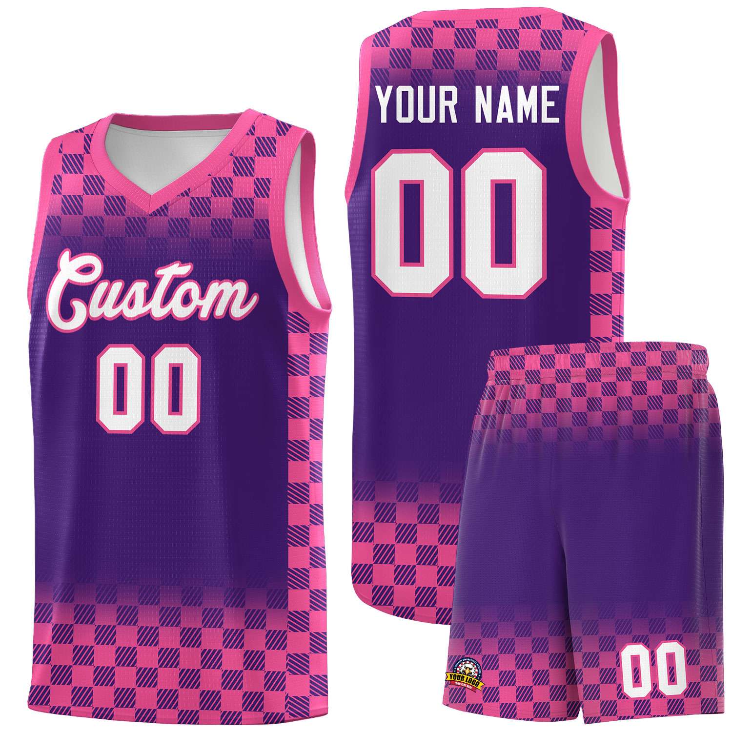 Custom Purple Pink Classic Plaid Pattern Sports Uniform Basketball Jersey