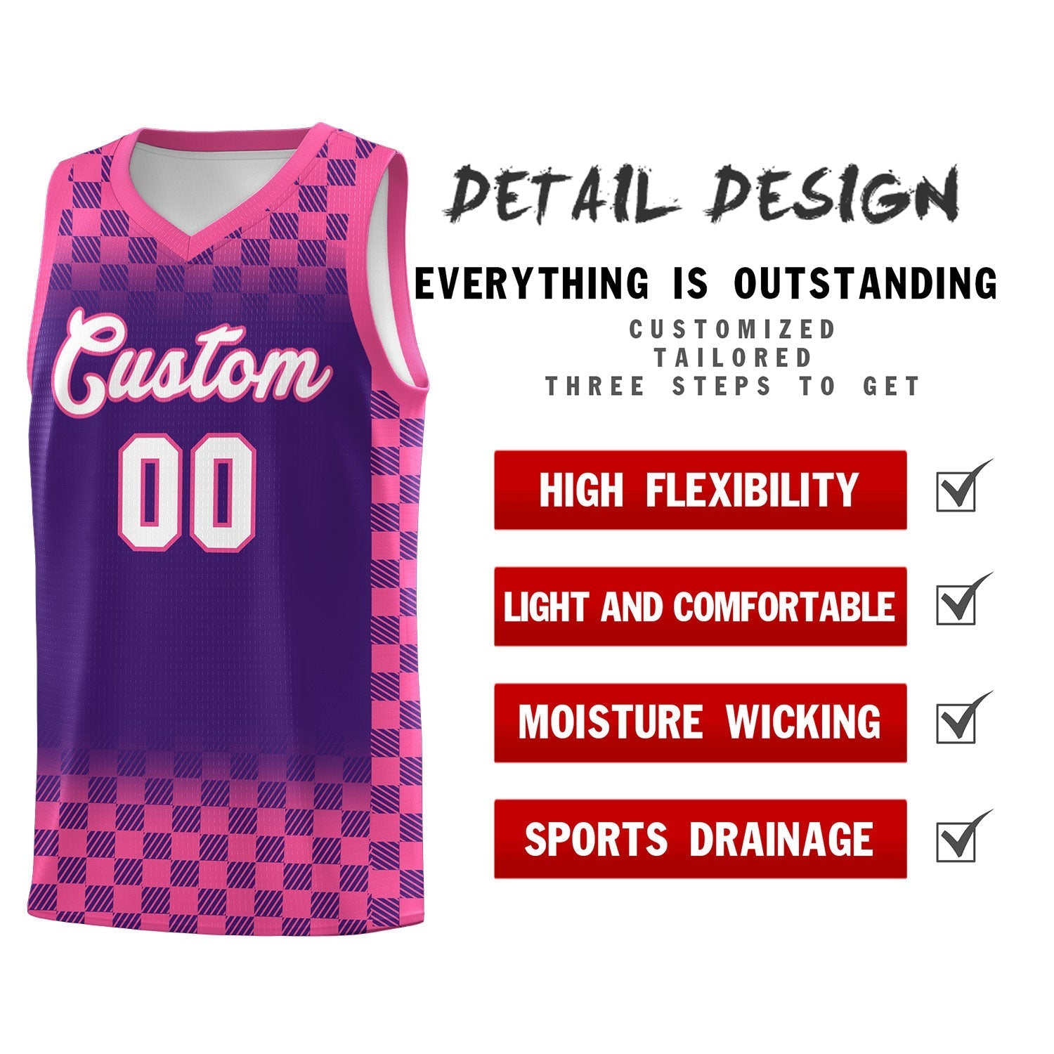 Custom Purple Pink Classic Plaid Pattern Sports Uniform Basketball Jersey