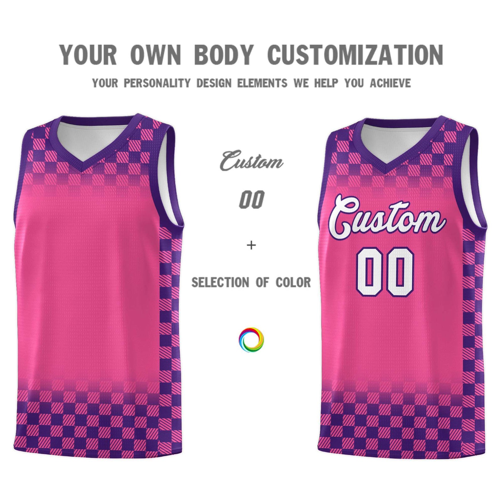 Custom Pink Purple Classic Plaid Pattern Sports Uniform Basketball Jersey