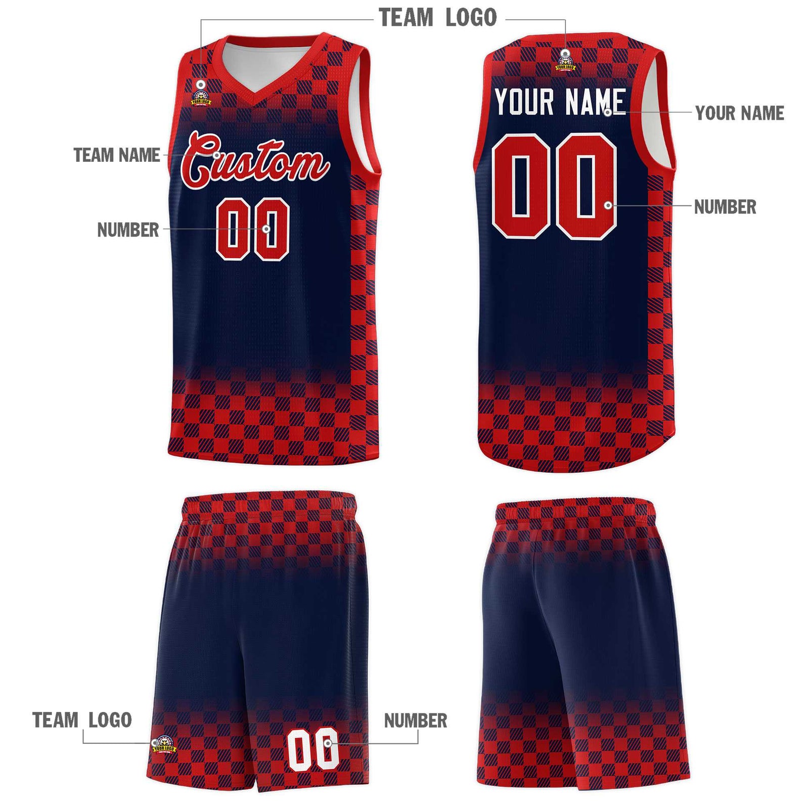 Custom Navy Red Classic Plaid Pattern Sports Uniform Basketball Jersey