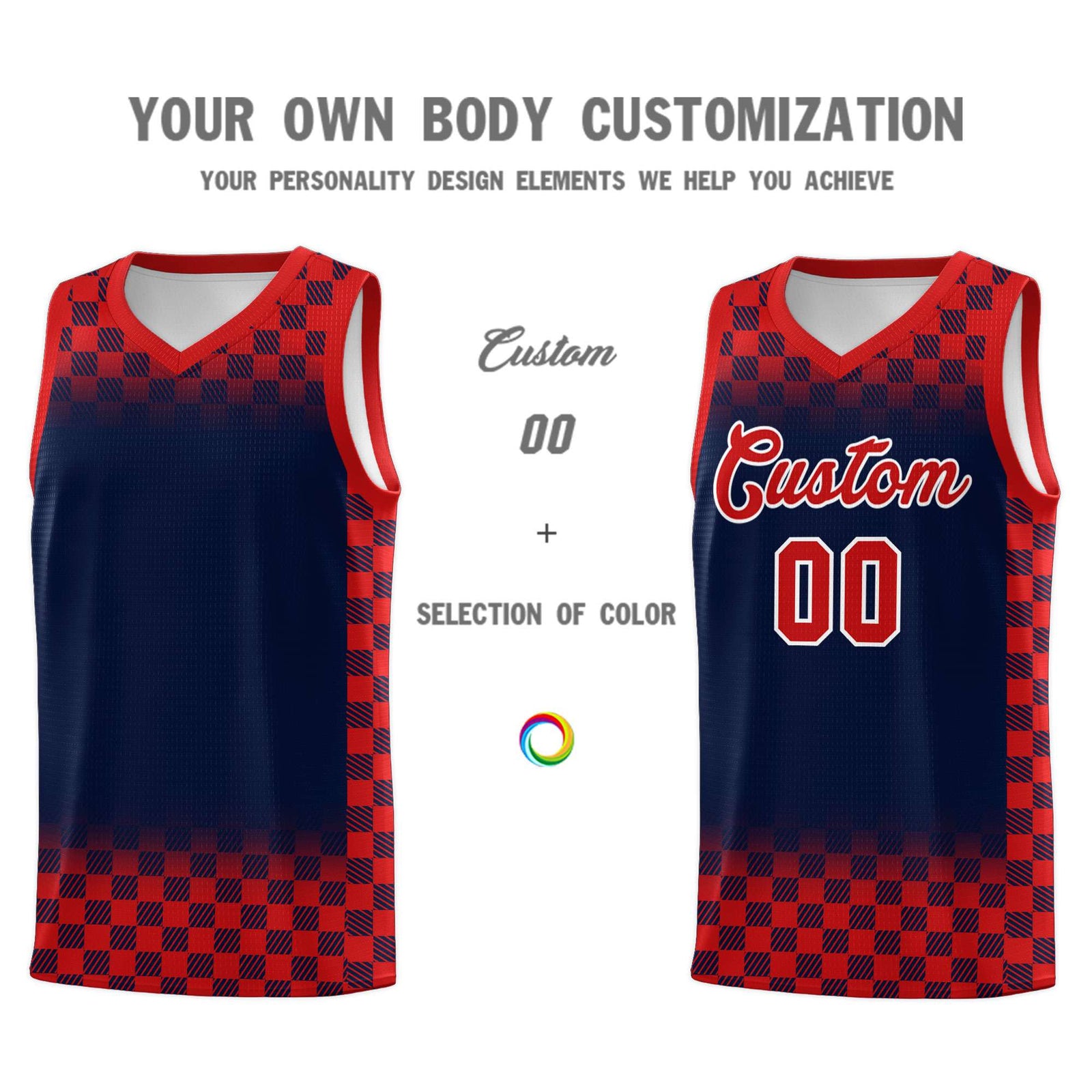 Custom Navy Red Classic Plaid Pattern Sports Uniform Basketball Jersey