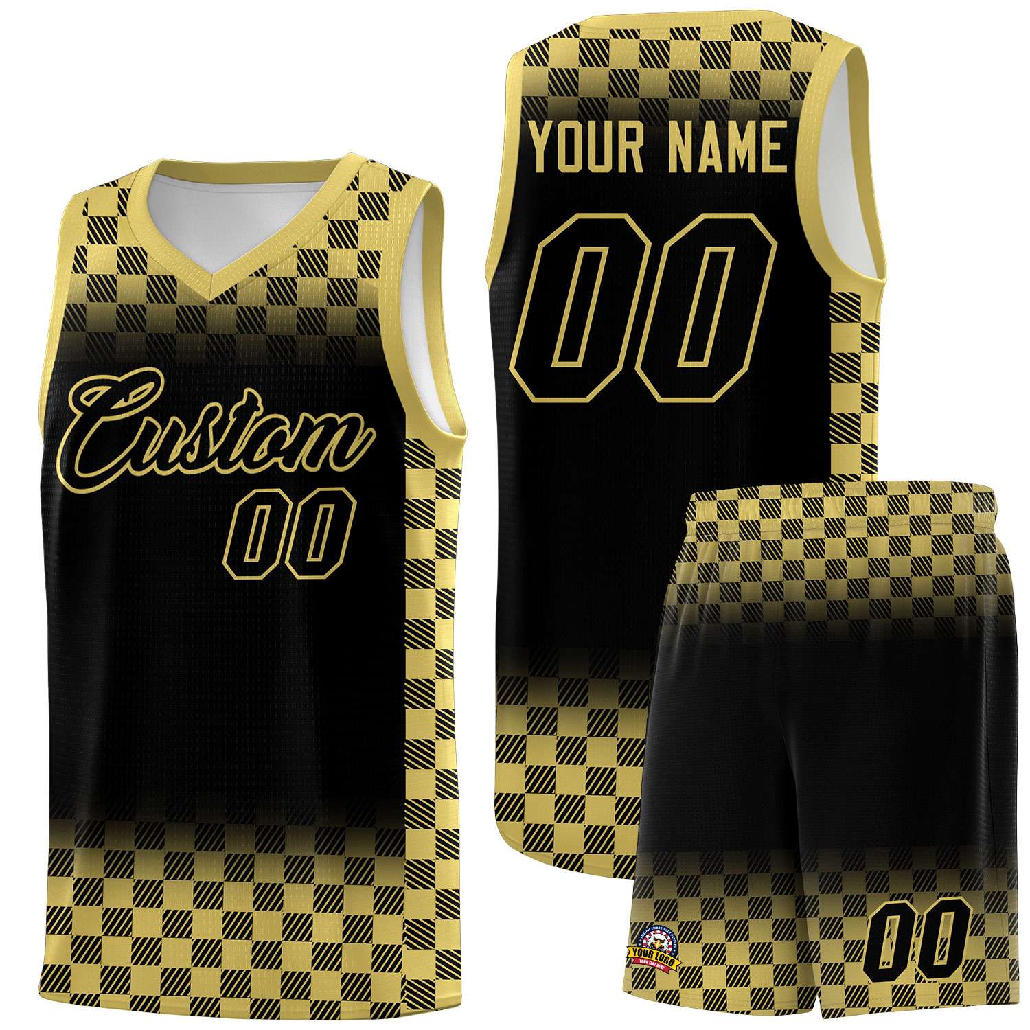 Custom Black Old Gold Classic Plaid Pattern Sports Uniform Basketball Jersey