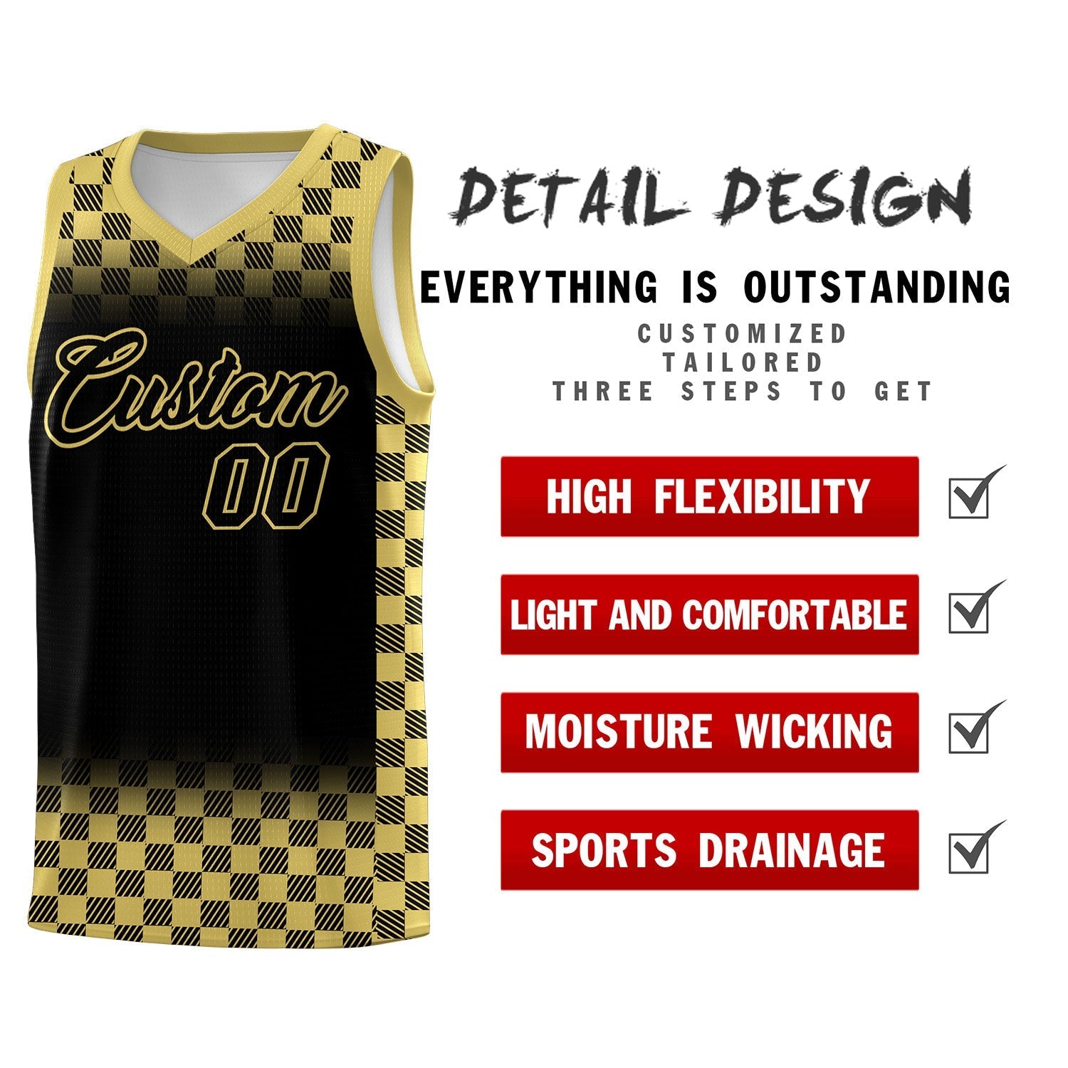 Custom Black Old Gold Classic Plaid Pattern Sports Uniform Basketball Jersey