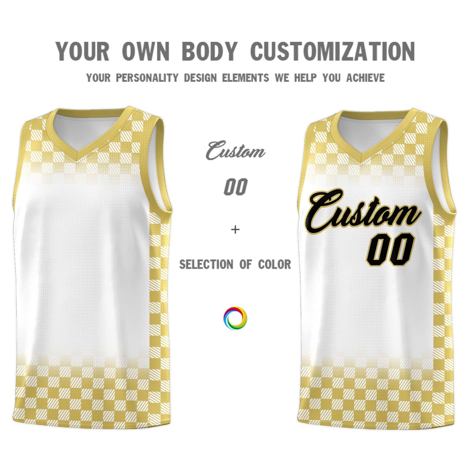 Custom White Old Gold Classic Plaid Pattern Sports Uniform Basketball Jersey