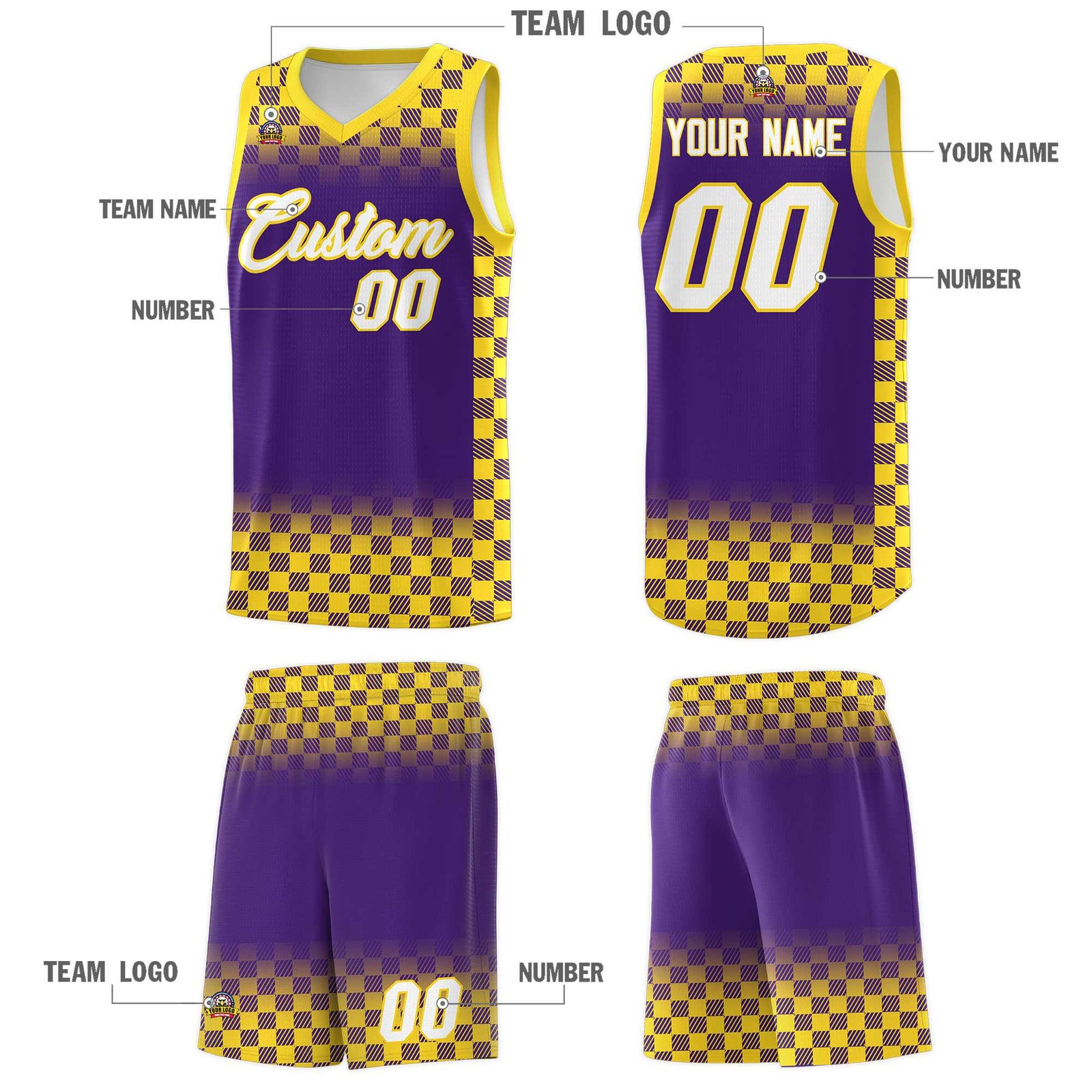 Custom Purple Gold Classic Plaid Pattern Sports Uniform Basketball Jersey