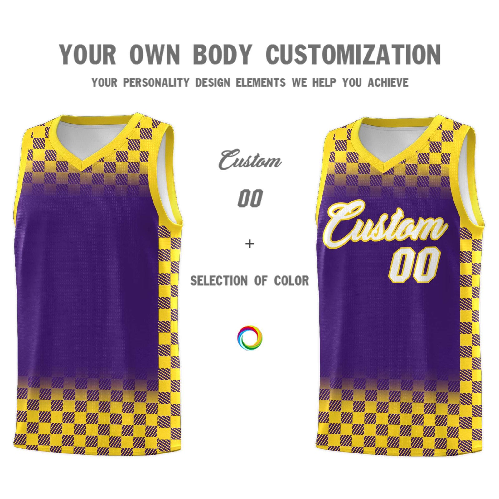 Custom Purple Gold Classic Plaid Pattern Sports Uniform Basketball Jersey
