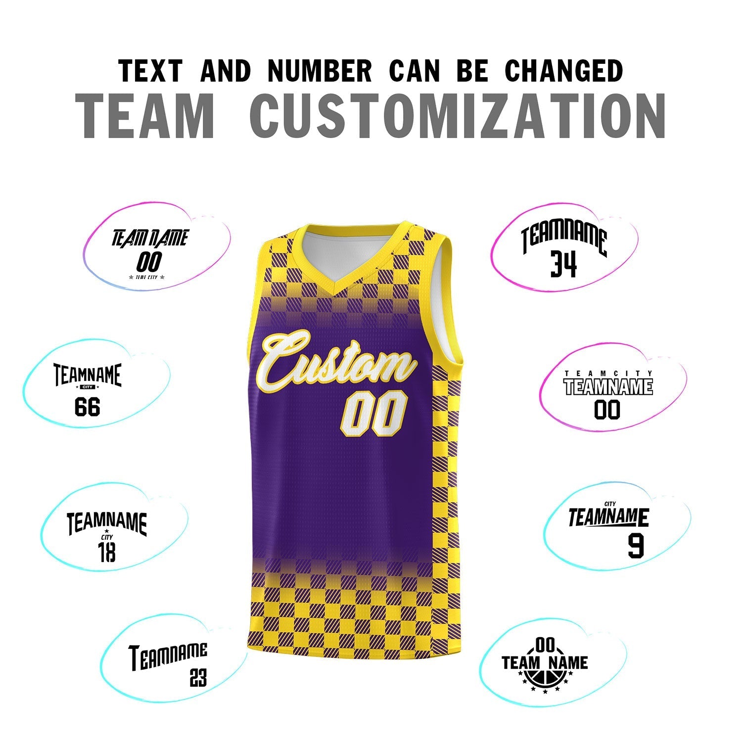 Custom Purple Gold Classic Plaid Pattern Sports Uniform Basketball Jersey