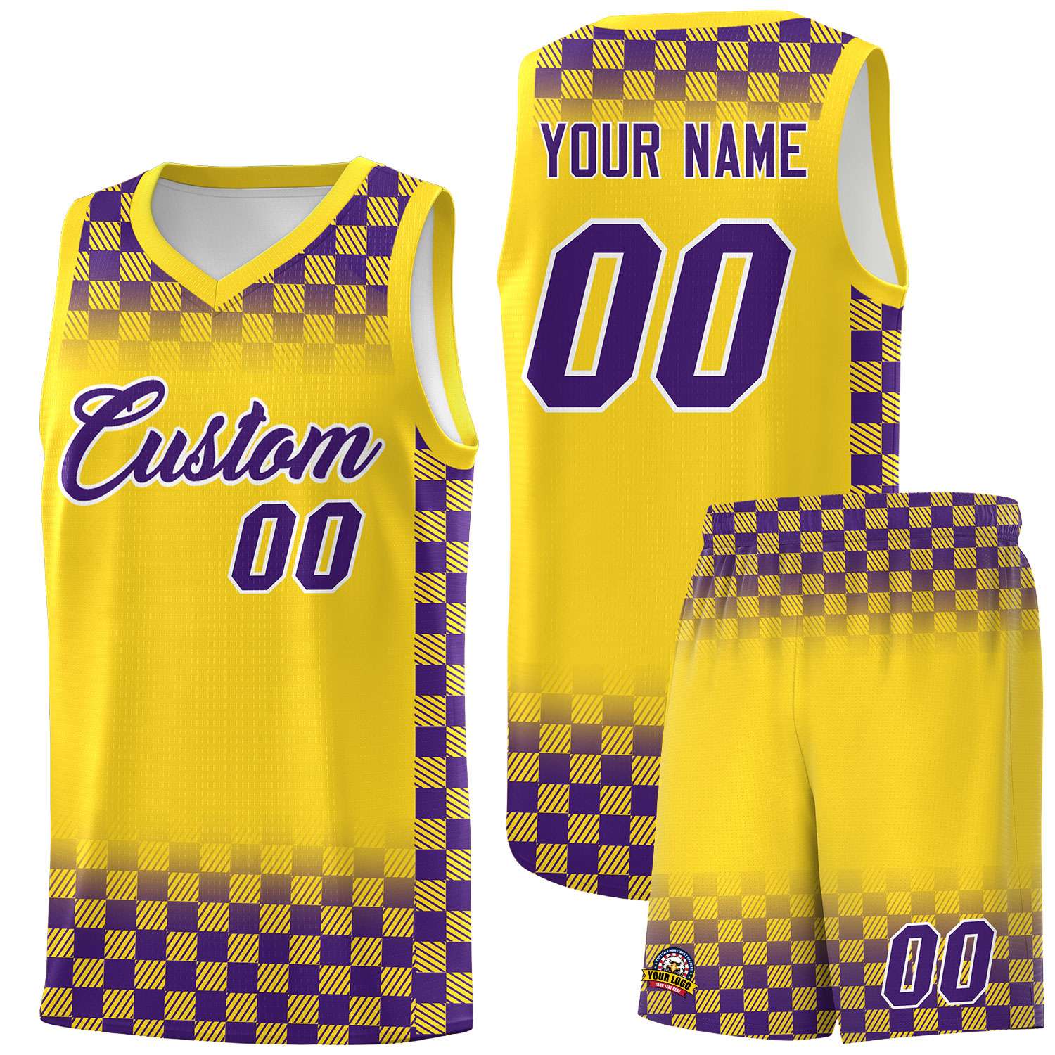 Custom Gold Purple Classic Plaid Pattern Sports Uniform Basketball Jersey