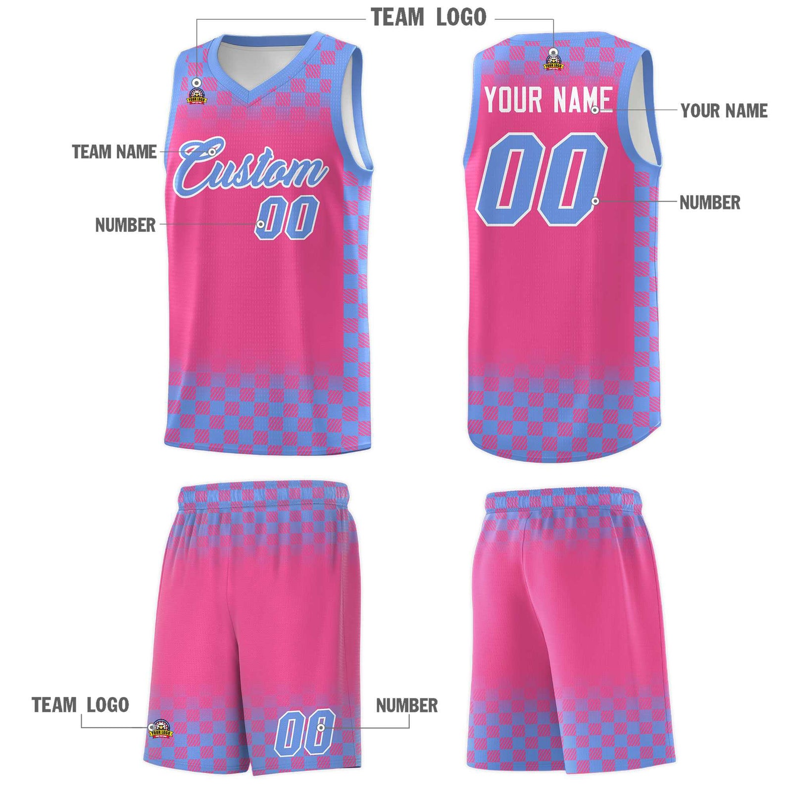 Custom Pink Light Blue Classic Plaid Pattern Sports Uniform Basketball Jersey