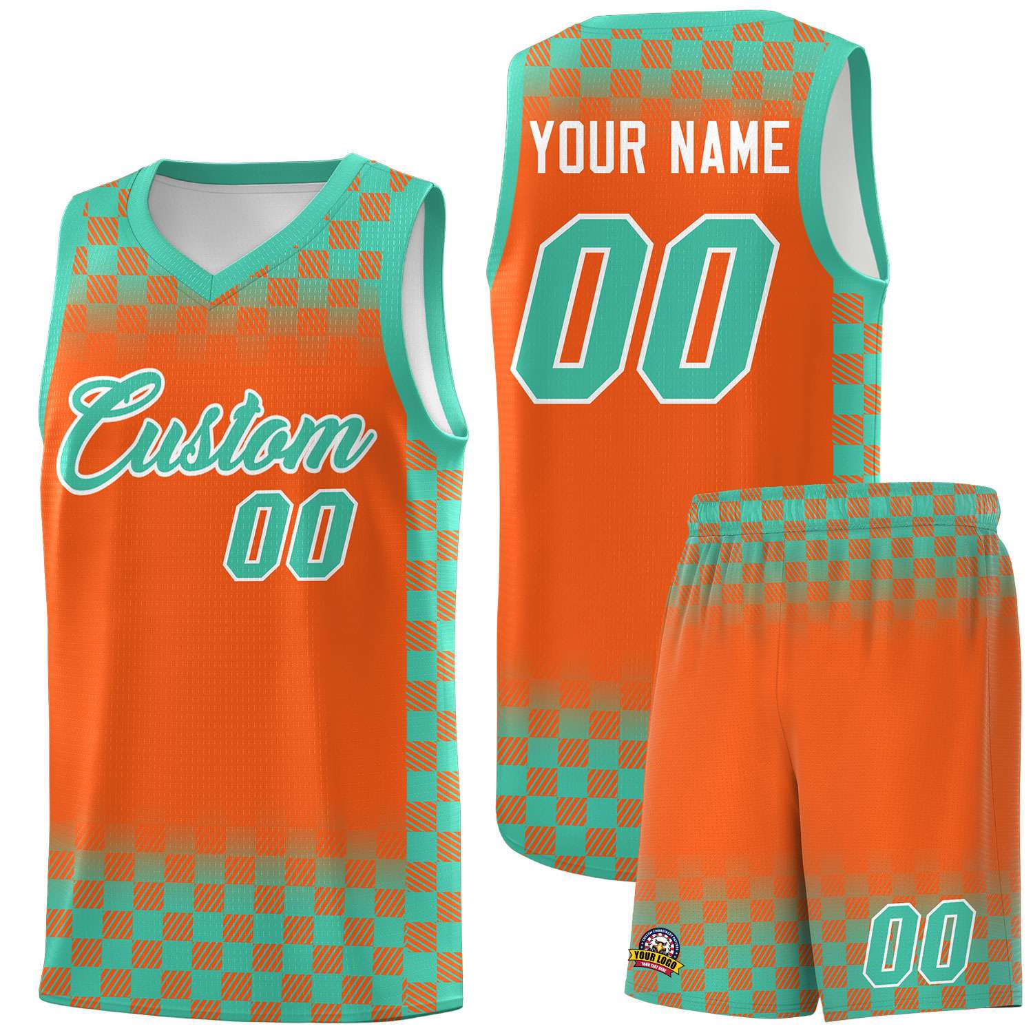 Custom Orange Bright Green Classic Plaid Pattern Sports Uniform Basketball Jersey
