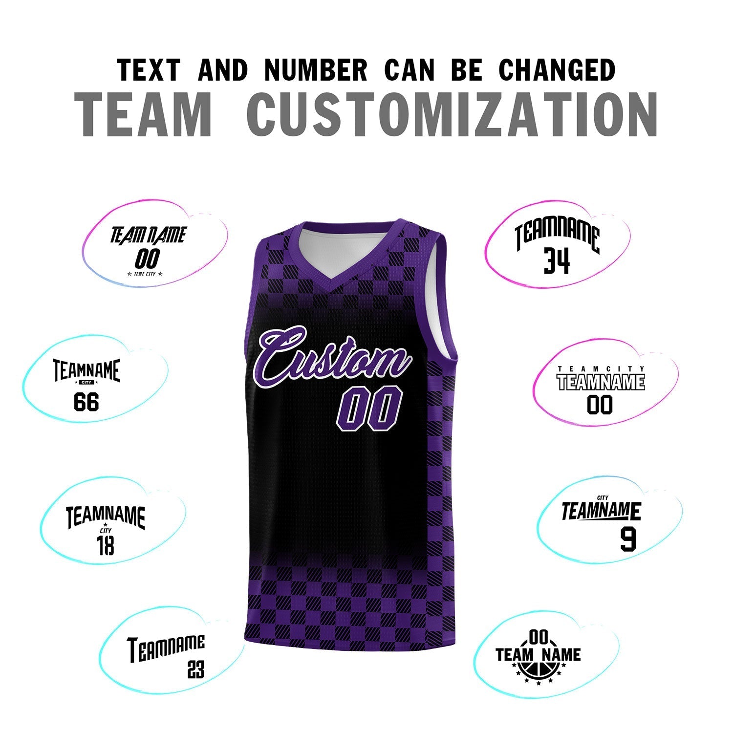 Custom Black Purple Classic Plaid Pattern Sports Uniform Basketball Jersey