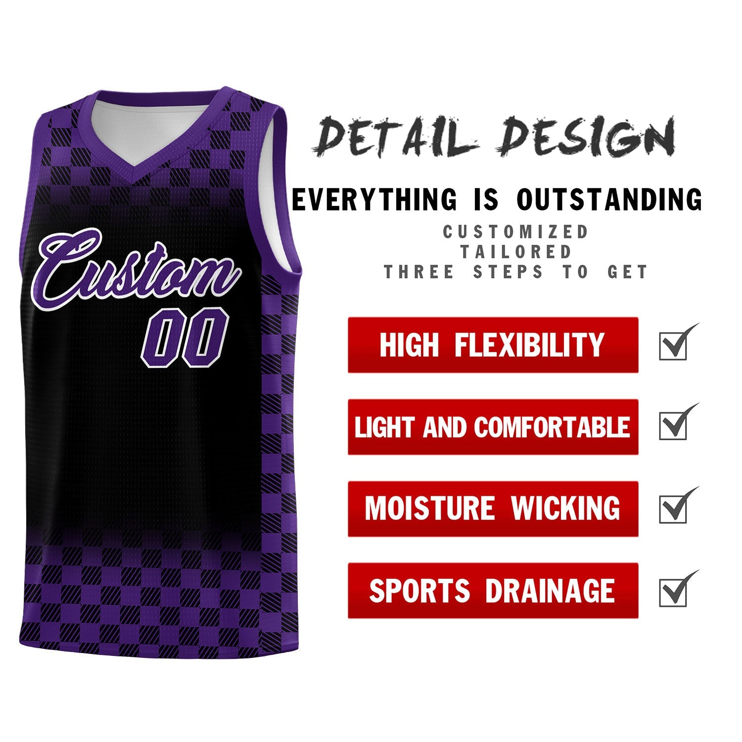 Custom Black Purple Classic Plaid Pattern Sports Uniform Basketball Jersey