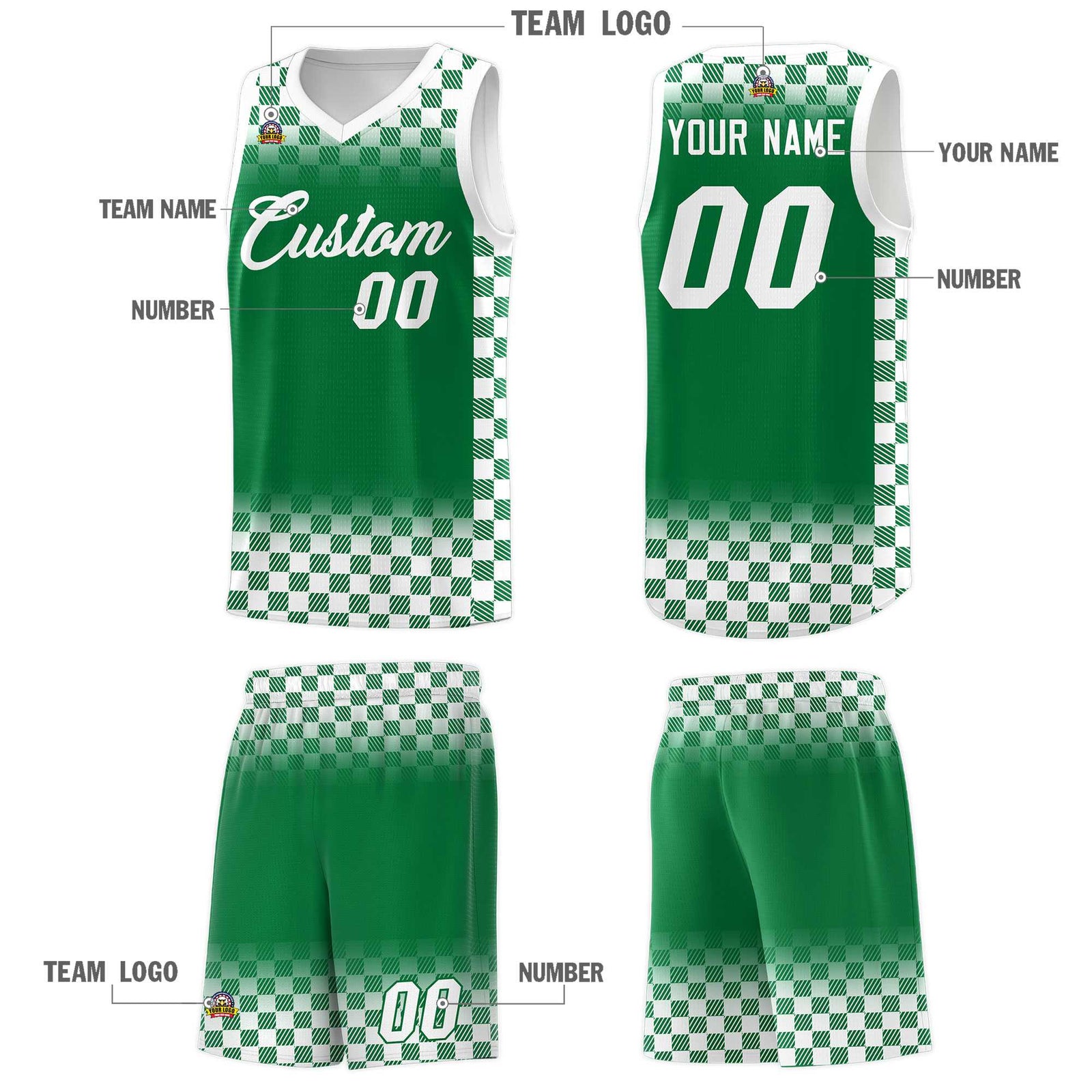 Custom Kelly Green White Classic Plaid Pattern Sports Uniform Basketball Jersey