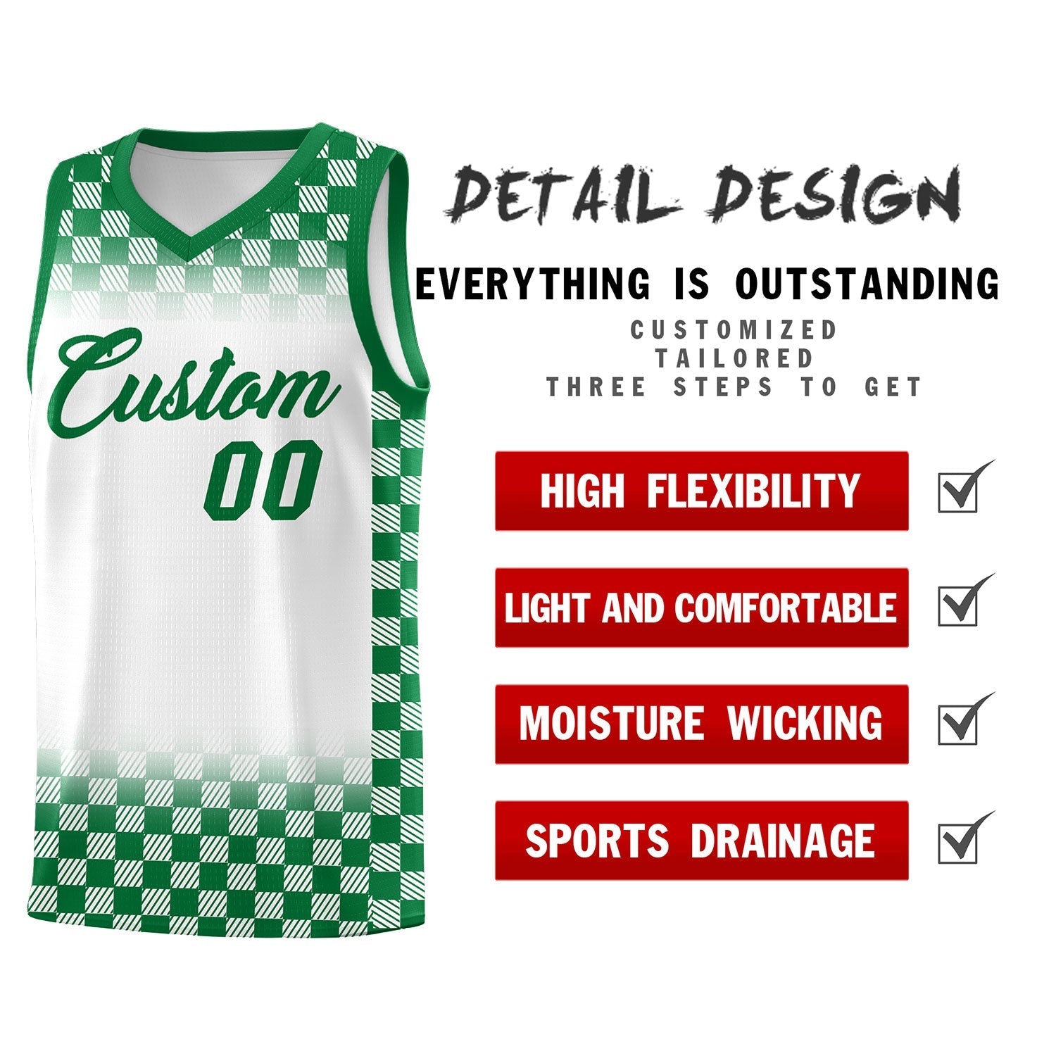 Custom White Kelly Green Classic Plaid Pattern Sports Uniform Basketball Jersey