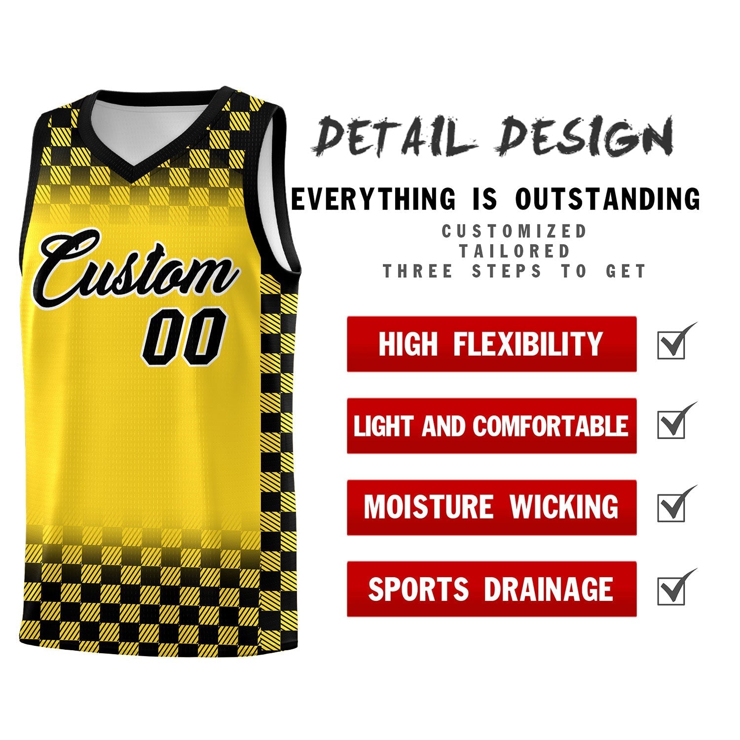 Custom Gold Black Classic Plaid Pattern Sports Uniform Basketball Jersey