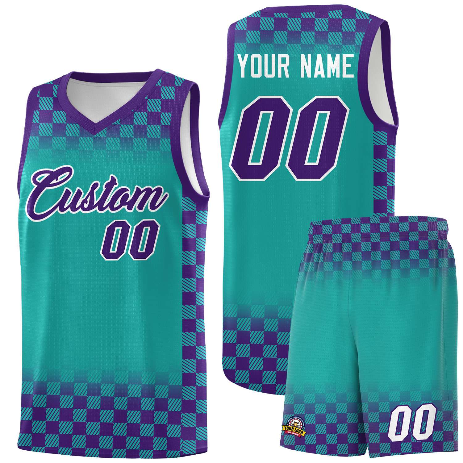Custom Aqua Purple Classic Plaid Pattern Sports Uniform Basketball Jersey