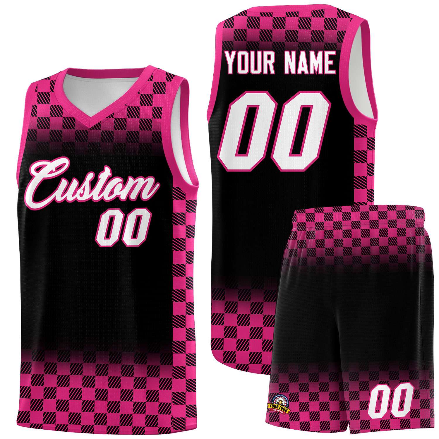 Custom Black Pink Classic Plaid Pattern Sports Uniform Basketball Jersey