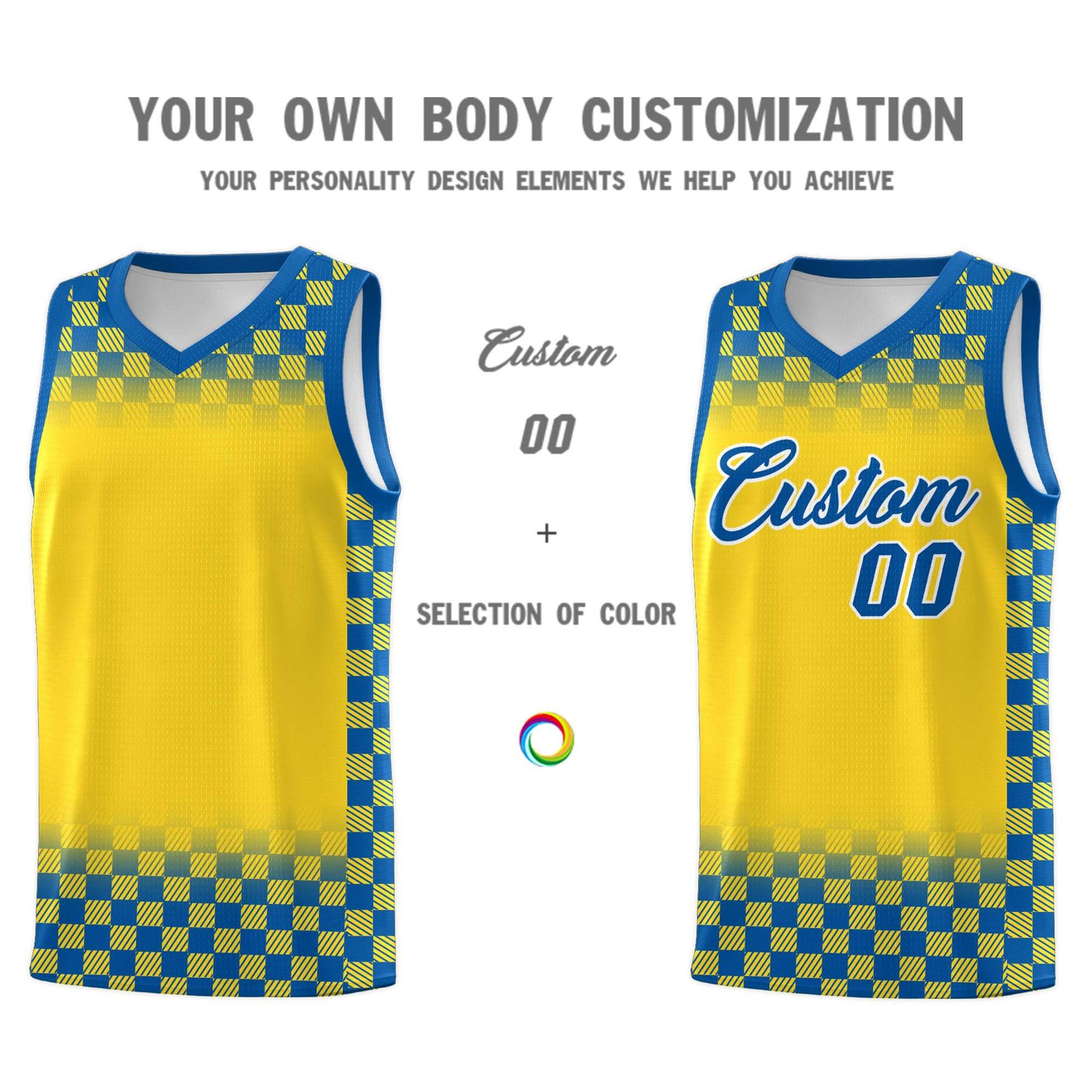 Custom Gold Royal Classic Plaid Pattern Sports Uniform Basketball Jersey