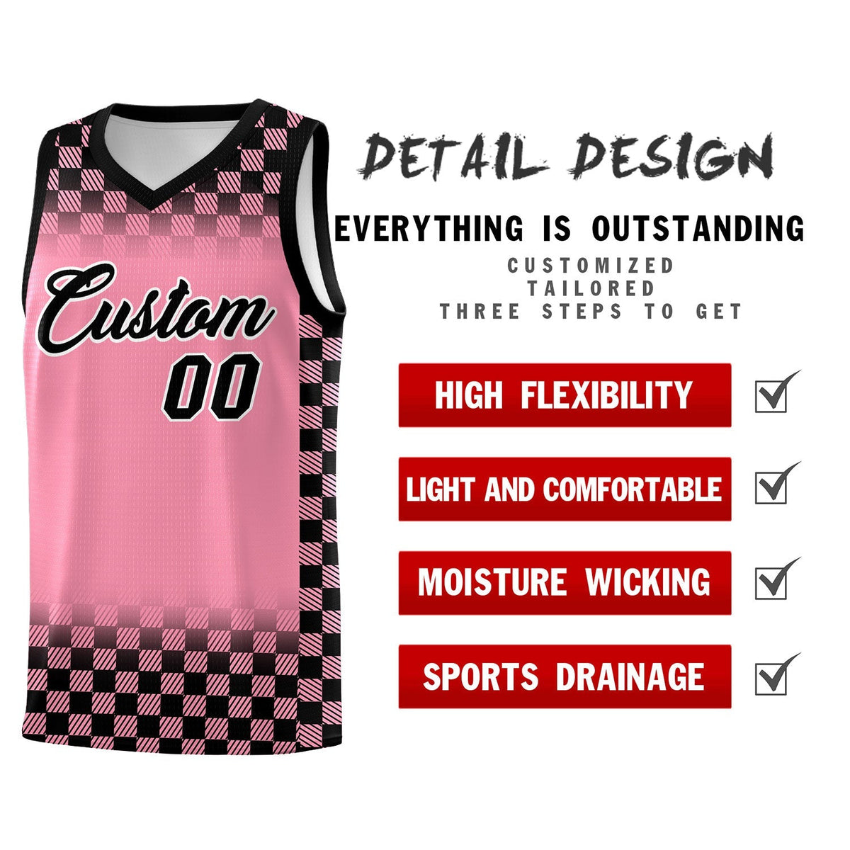 Custom Light Pink Black Classic Plaid Pattern Sports Uniform Basketball Jersey