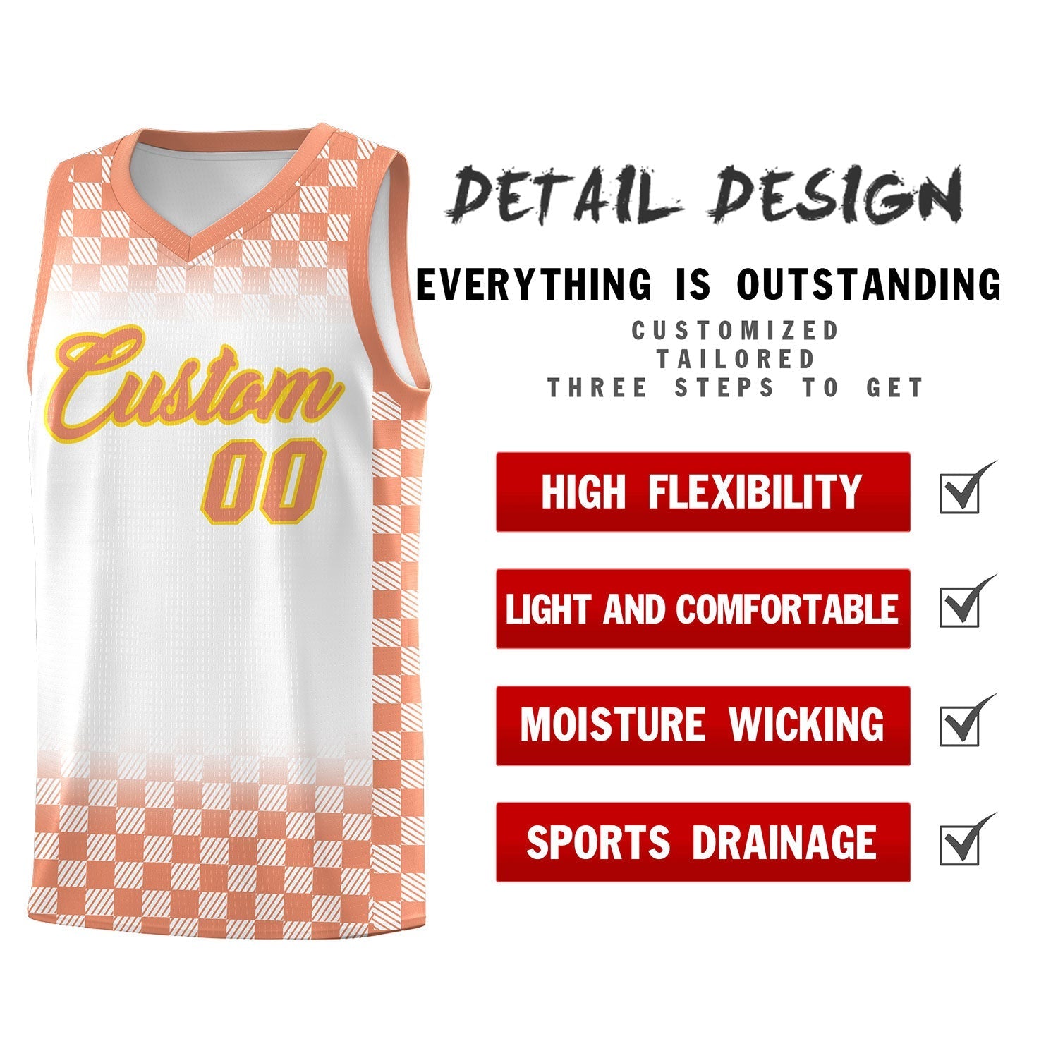 Custom White Light Orange Classic Plaid Pattern Sports Uniform Basketball Jersey
