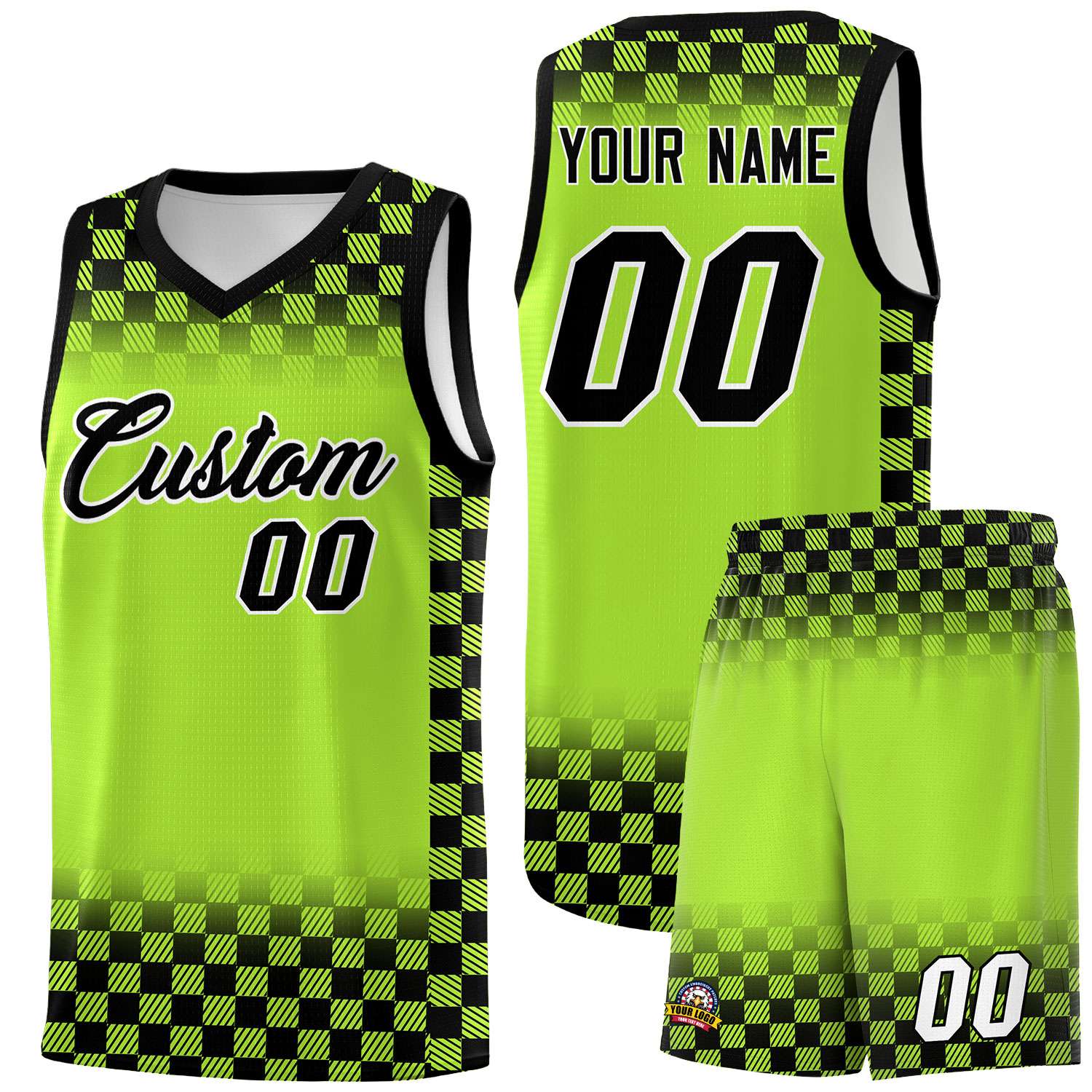 Custom Neon Green Black Classic Plaid Pattern Sports Uniform Basketball Jersey