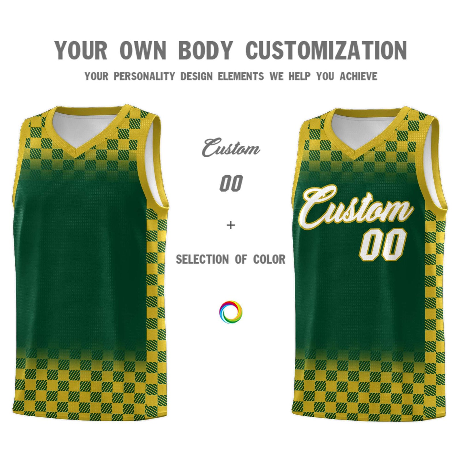 Custom Green Old Gold Classic Plaid Pattern Sports Uniform Basketball Jersey