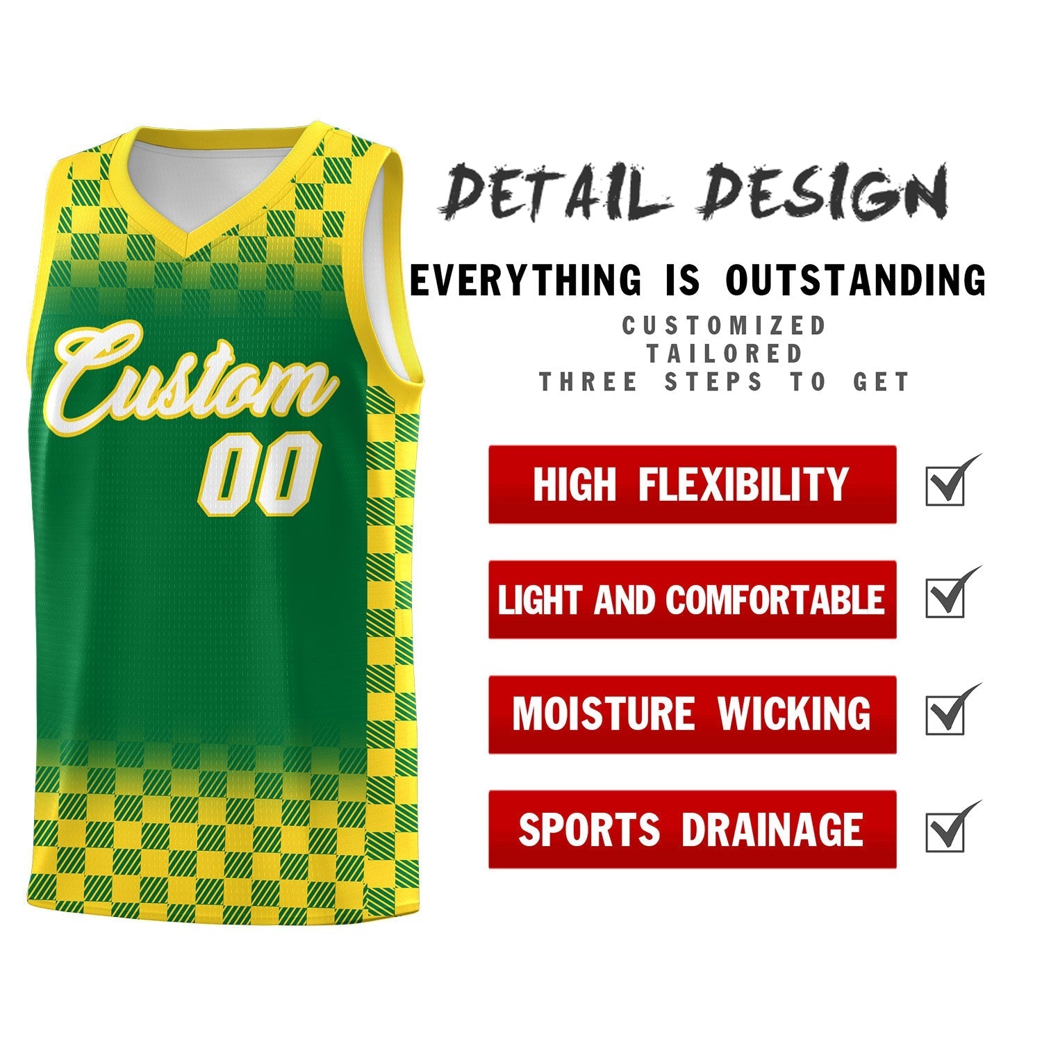 Custom Kelly Green Gold Classic Plaid Pattern Sports Uniform Basketball Jersey