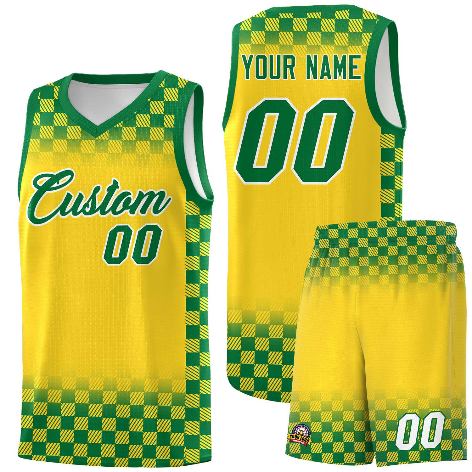 Custom Gold Kelly Green Classic Plaid Pattern Sports Uniform Basketball Jersey