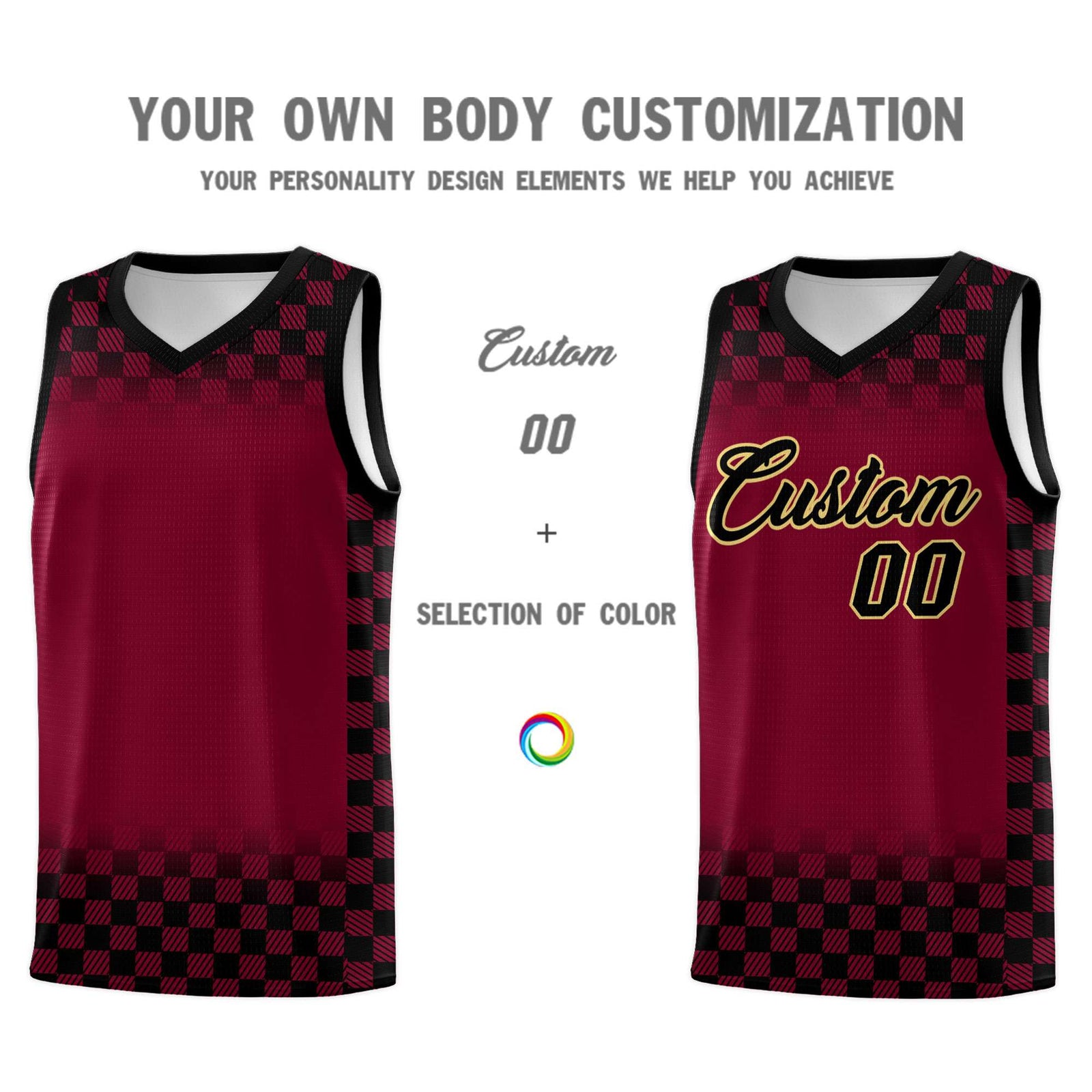 Custom Crimson Black Classic Plaid Pattern Sports Uniform Basketball Jersey