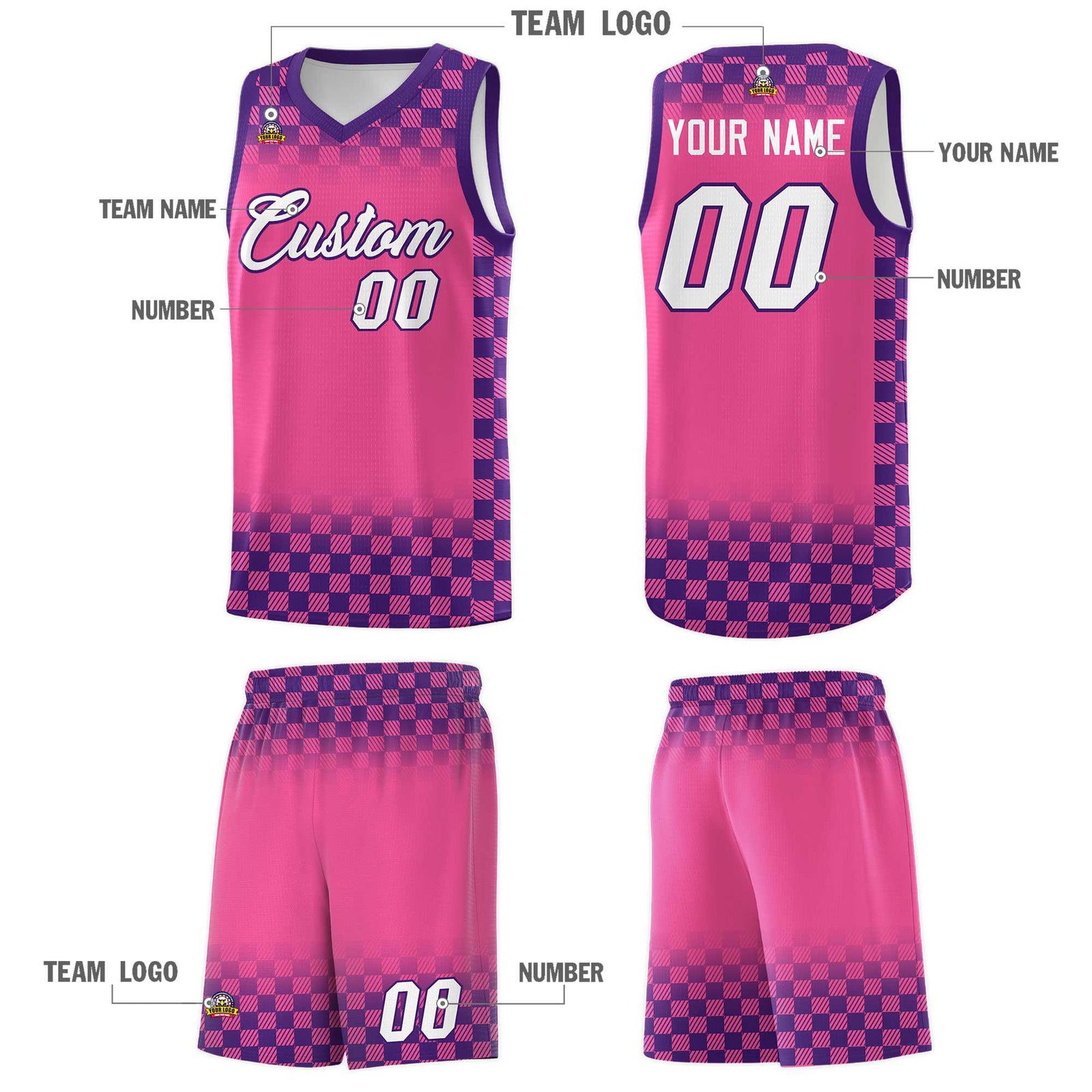 Custom Pink Purple Classic Plaid Pattern Sports Uniform Basketball Jersey