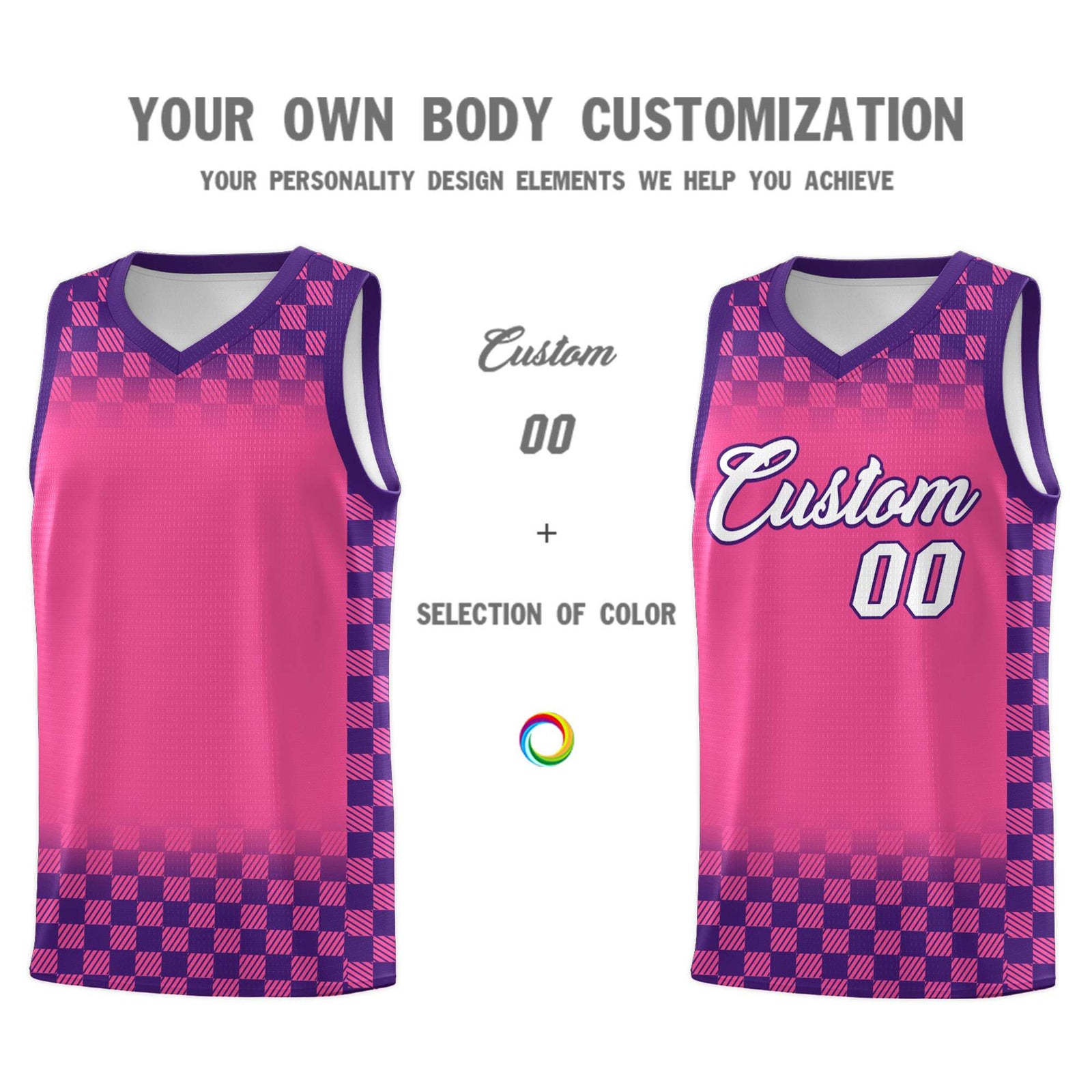 Custom Pink Purple Classic Plaid Pattern Sports Uniform Basketball Jersey