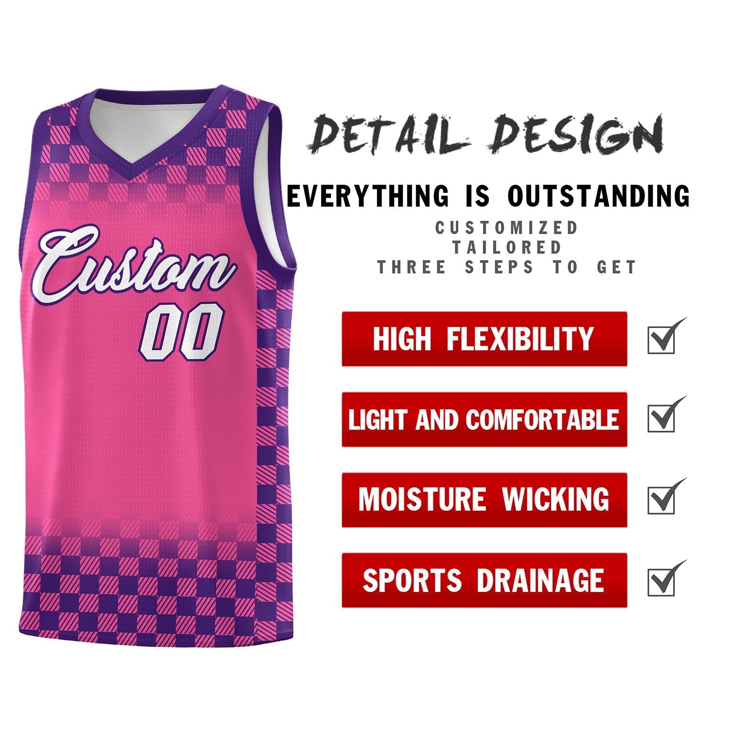 Custom Pink Purple Classic Plaid Pattern Sports Uniform Basketball Jersey