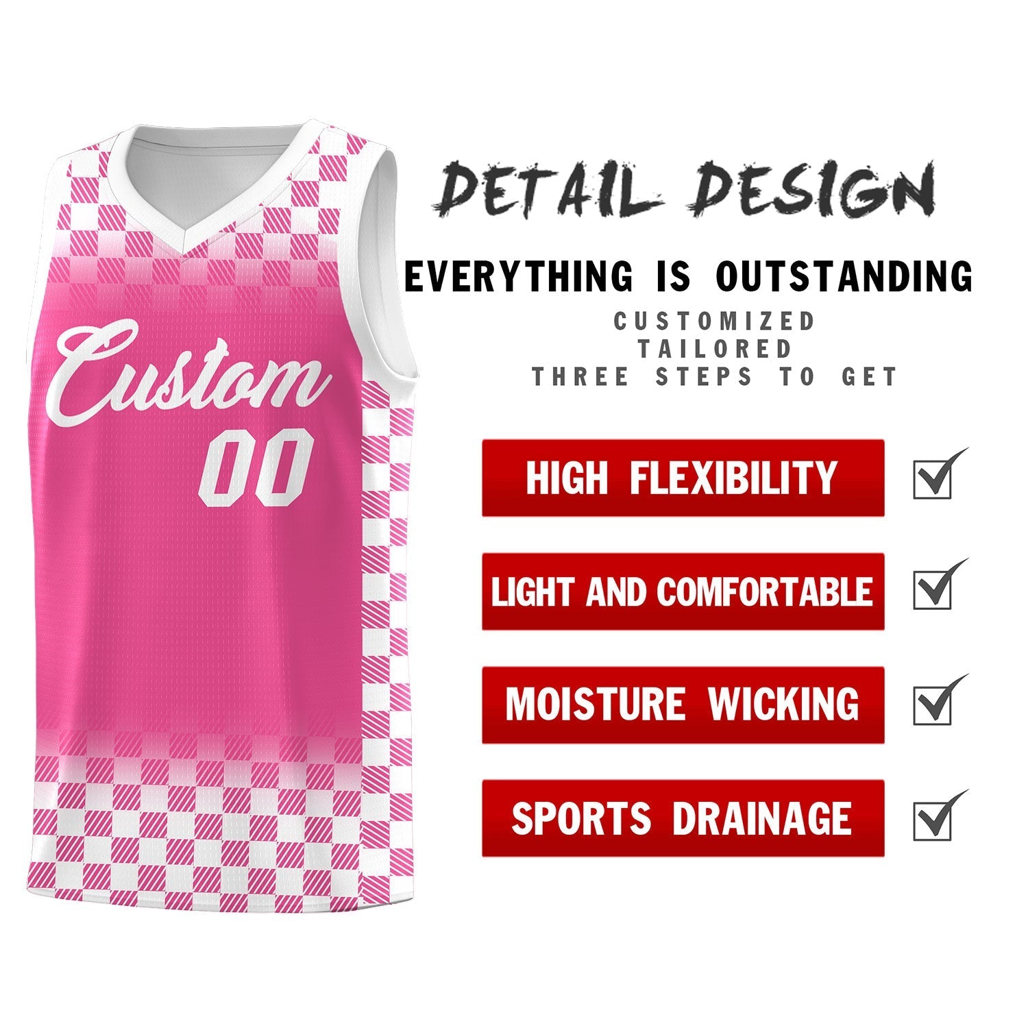 Custom Pink White Classic Plaid Pattern Sports Uniform Basketball Jersey