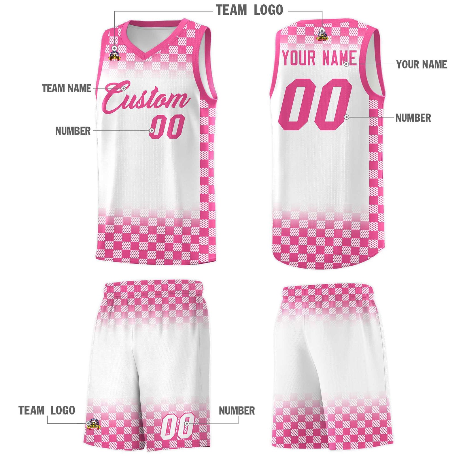 Custom White Pink Classic Plaid Pattern Sports Uniform Basketball Jersey