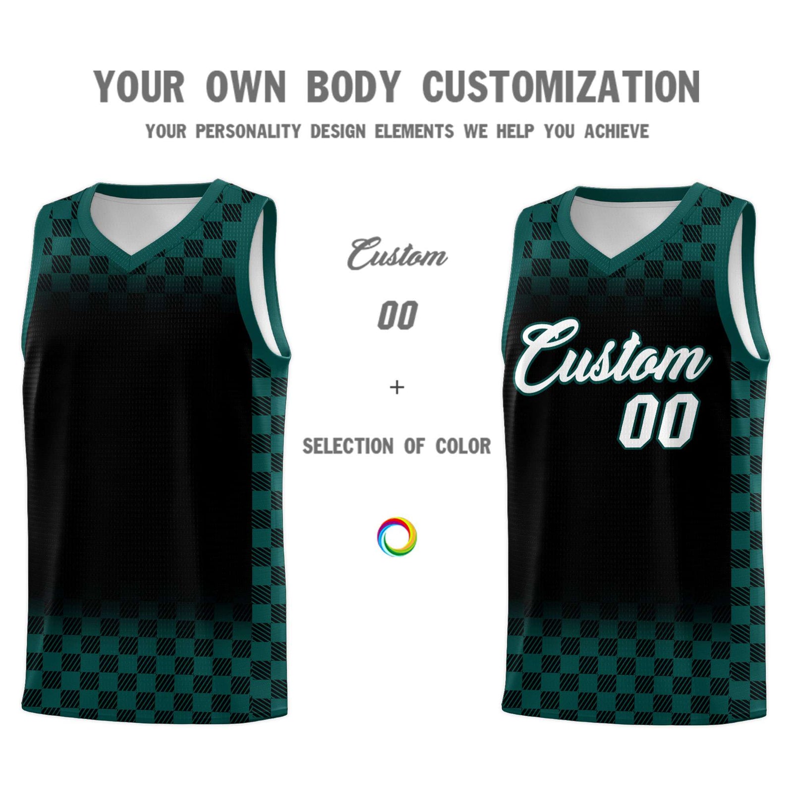 Custom Black Midnight Green Classic Plaid Pattern Sports Uniform Basketball Jersey