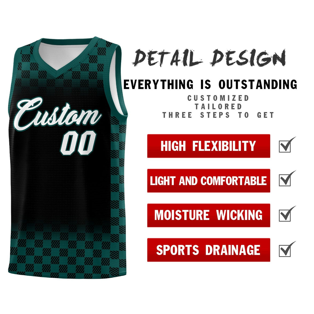 Custom Black Midnight Green Classic Plaid Pattern Sports Uniform Basketball Jersey